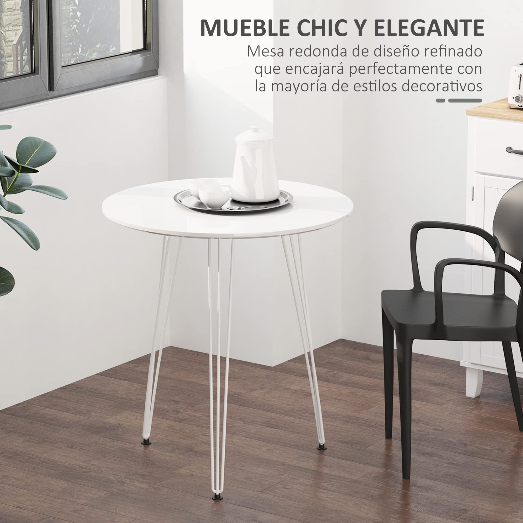 HOMCOM Mesa de Comedor Redonda con Patas de Horquilla Ø70x75 cm Blanco | Metálicas, Estilo Moderno Nórdico, para Cocina Salón Cafetería Bar