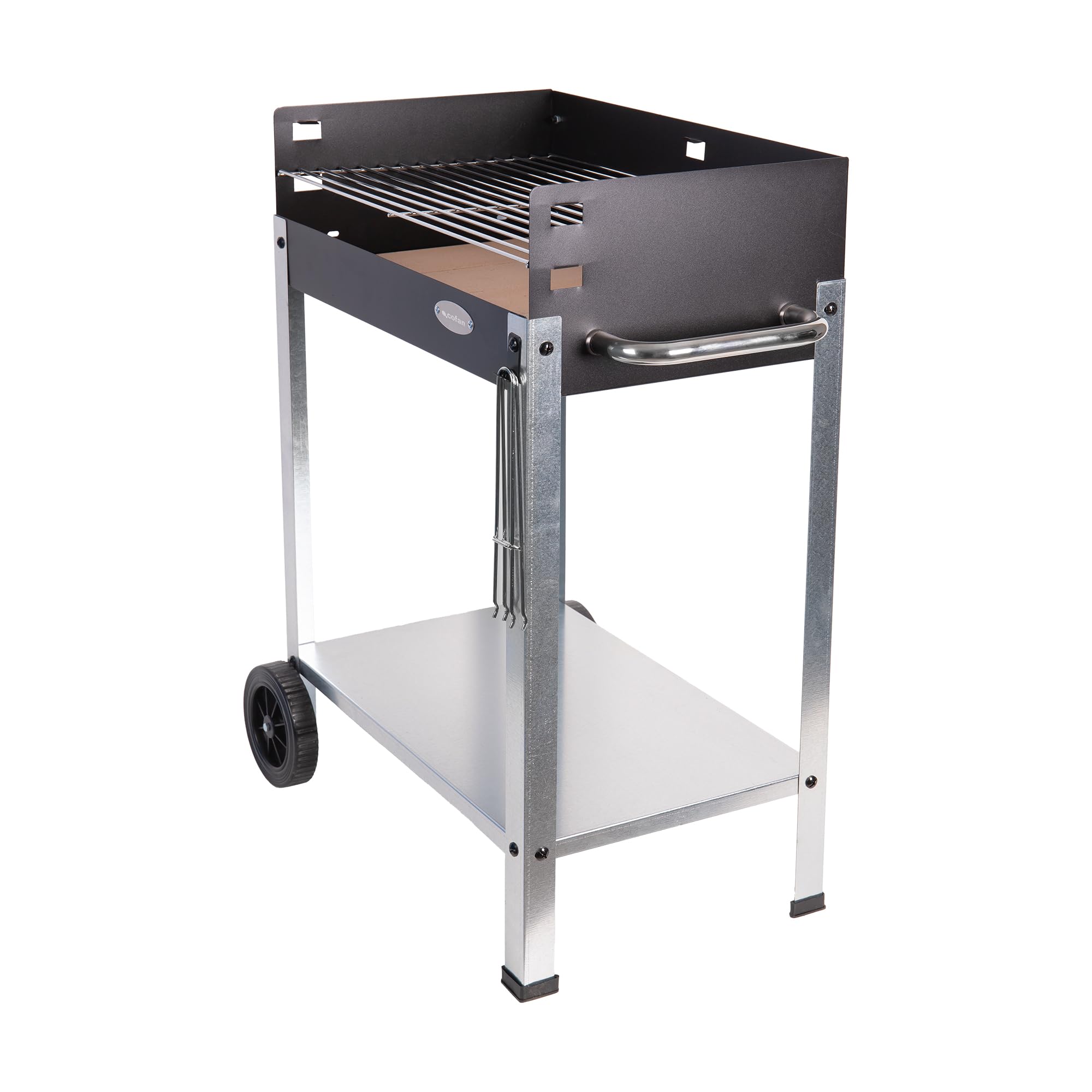 Cofan Barbacoa de carbón con ruedas | Parrilla ajustable | Con ladrillo refractario y asa lateral | Fácil transporte | Gran superficie de asado | Medidas: 56,7 x 36 x 83 cm