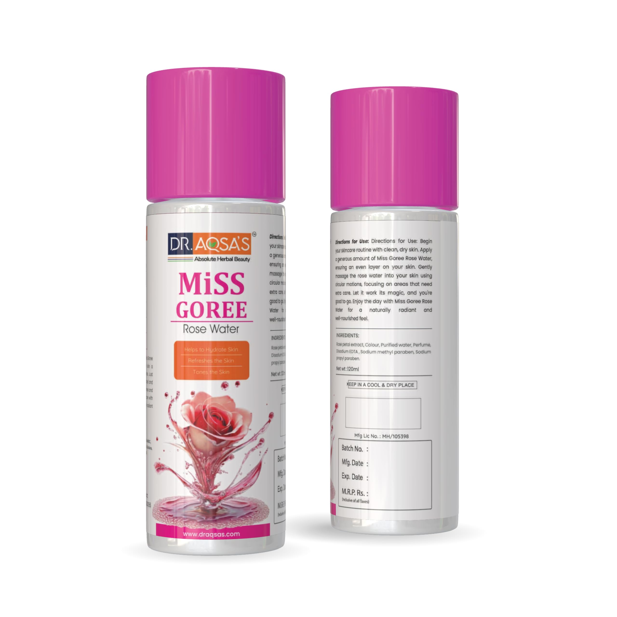 Dr.Aqsa Herbal Miss Goree Rose Water/Face Toner | Restores Skin's pH Levels | Hydrates & Moisturises Skin | For Men & Women | 120 ML