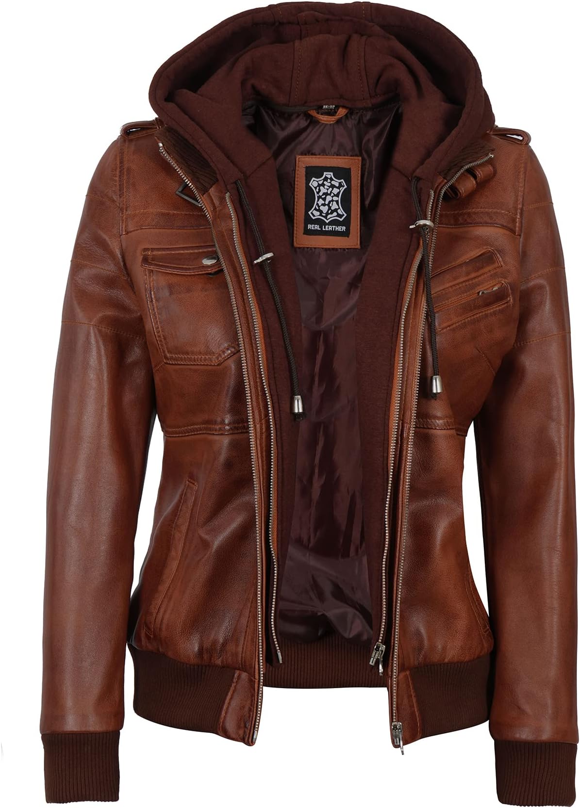 fjacketsWomens Leather Jacket - Real Lambksin Leather Bomber Jacket Women With Removable Hood - Edinburgh Cognac | [1315011] XS