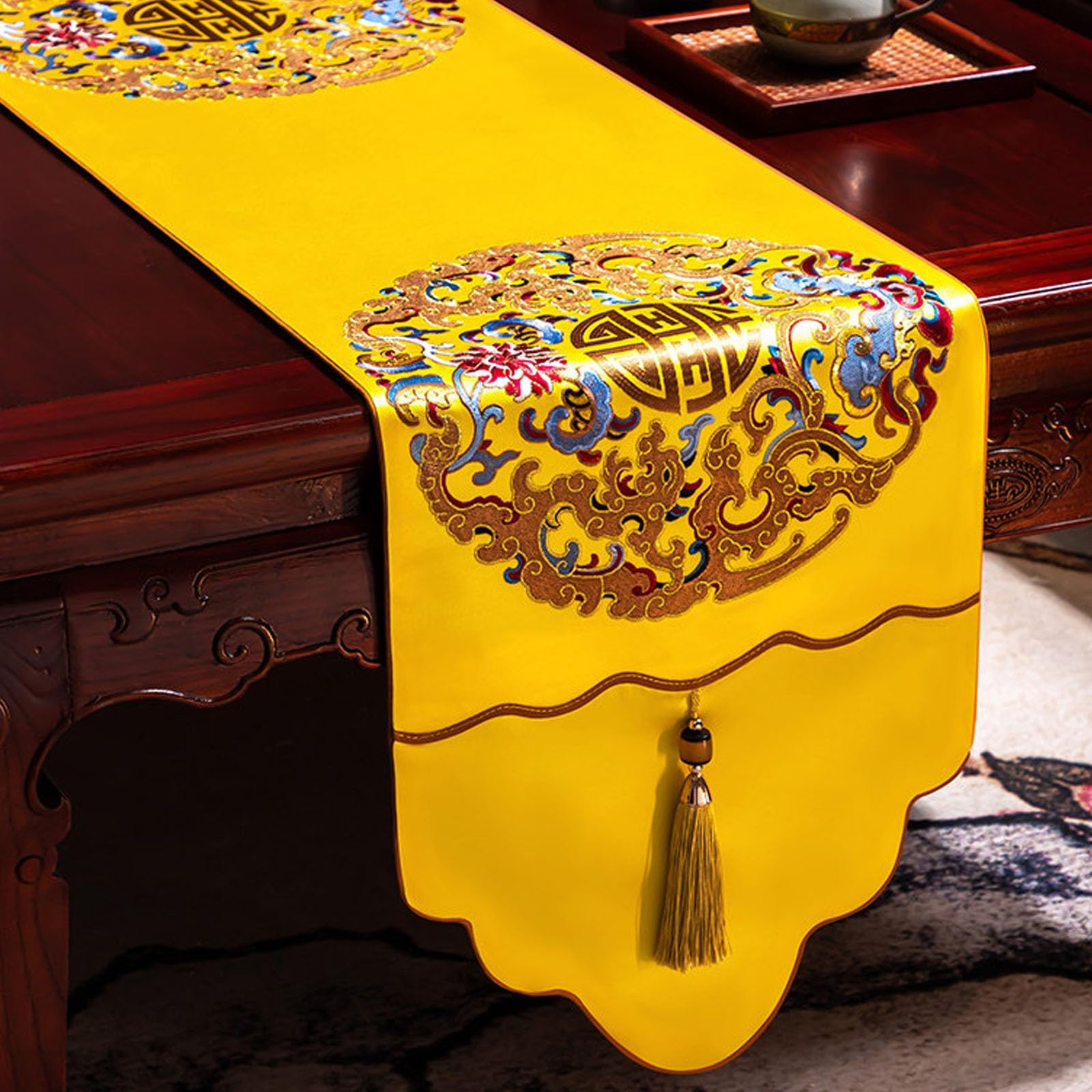 Vintage Chinese Satin Table Runner, Embroidered Fu with Tassels, Rustic Home Decor Scarf for Dining Table Tea Cabinet Dresser(Yellow,220cm/86.6in)