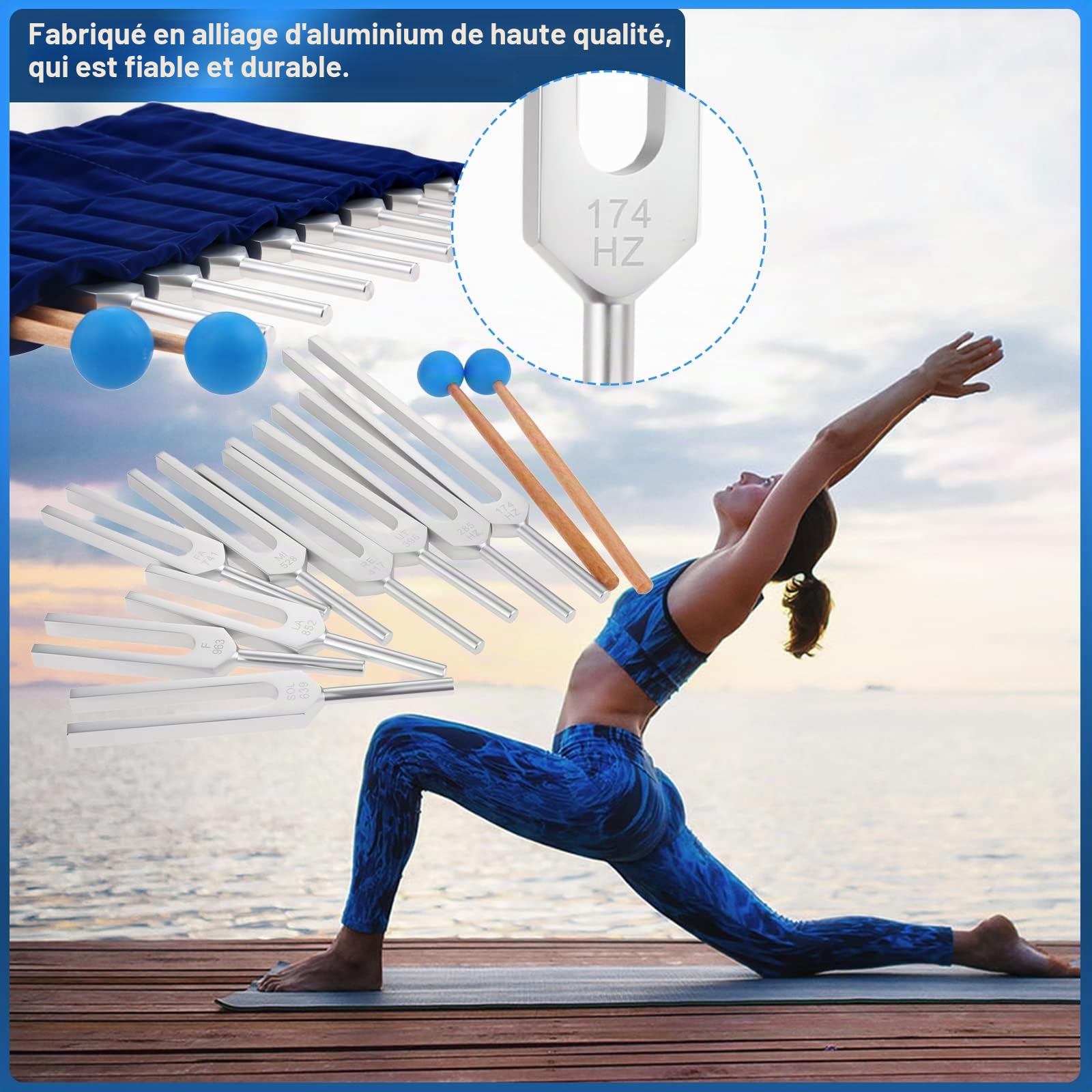 DRELD Lot de 9 Diapasons Argentés + 1 Marteau en Silicone Bleu et Chiffon de Nettoyage pour Réparation ADN, Thérapie Sonore, Guérisseurs, Vibrations