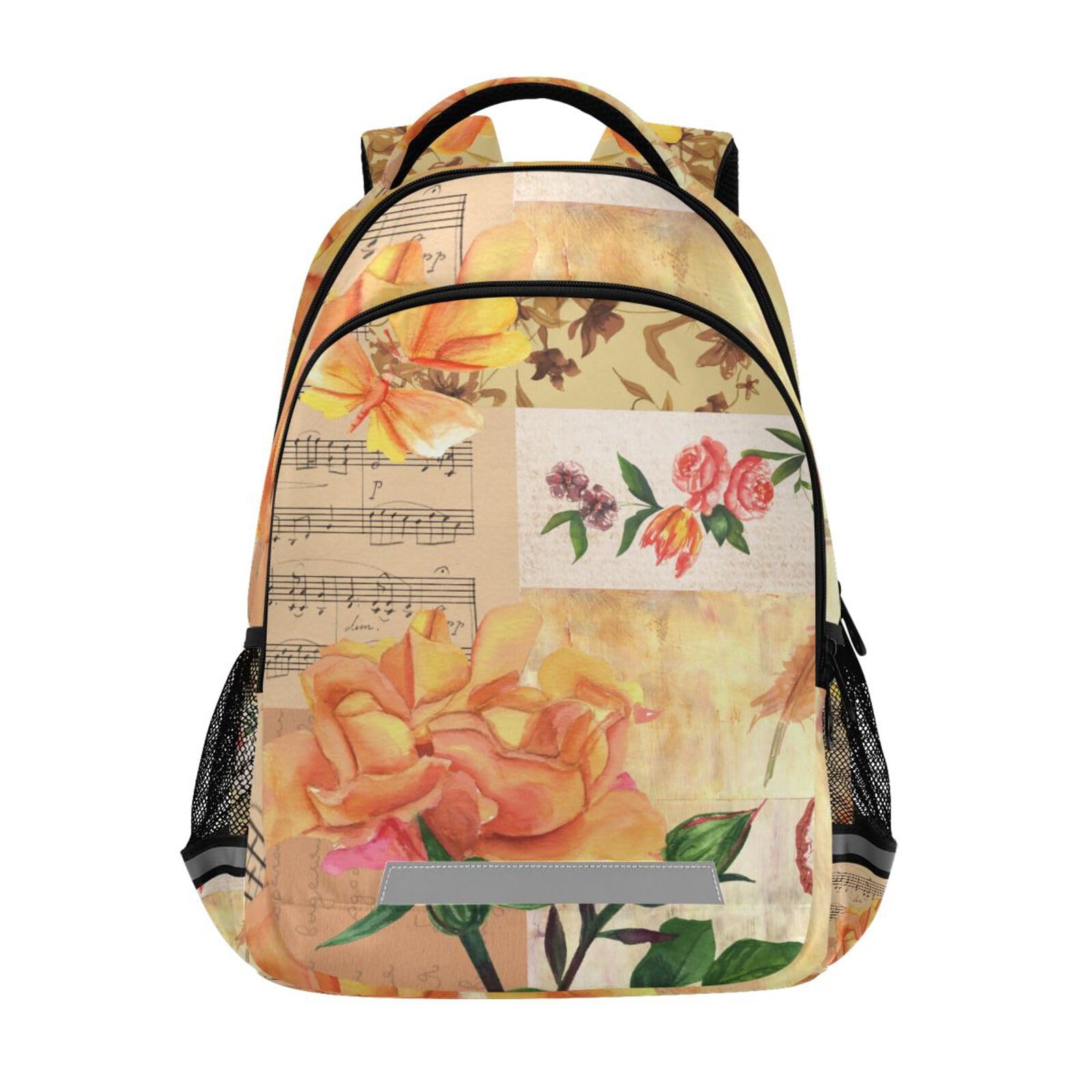 Vintage Rosen Schmetterlinge Notenrucksack für Kinder Schultasche Studenten Jungen Mädchen Büchertasche Elementar Reiserucksack Tagesrucksack Laptoptasche, gelb, 29.5x17.5x42.5cm