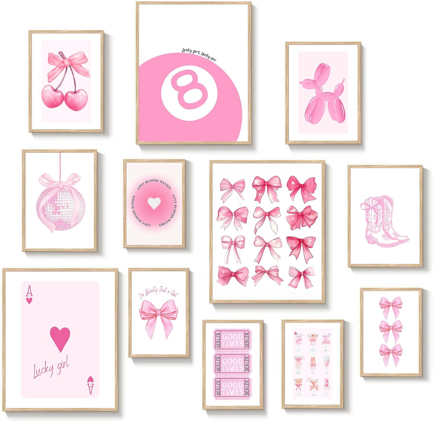 ASTRDECOR Pink Coquette Room Decor, Cute Coquette Poster Wall Decor, Aesthetic Pink Bow Disco 8 Ball Home Decor, Cherry Wall Art Prints Posters for Teen Girls Bedroom Dorm Decorations (Unframed)