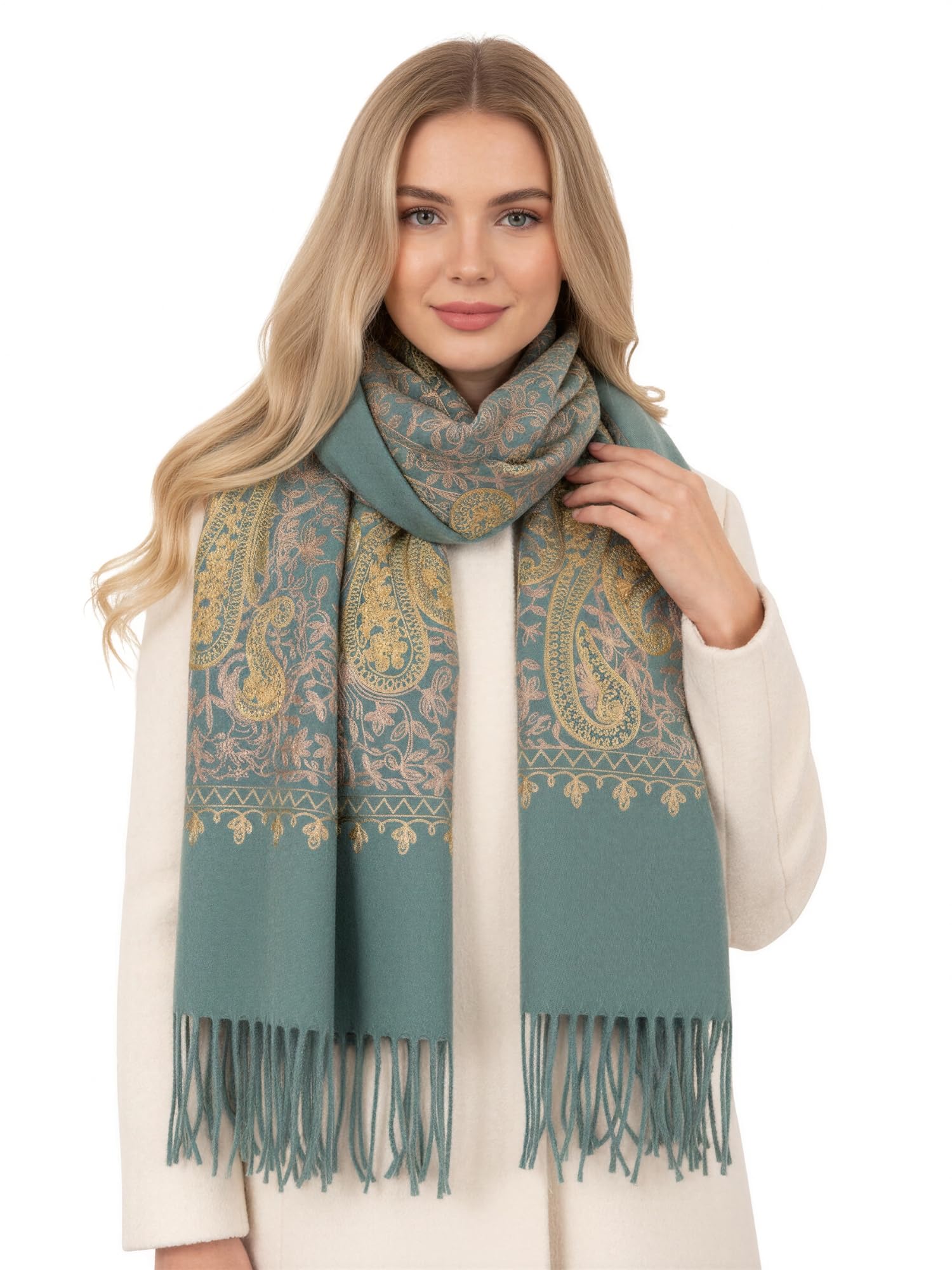 Women Pashmina Scarf Shawl Wrap, Large Long Paisley Floral Rainbow Ladies Scarves, Wearable Winter Blanket Scarfs, Indian Shawl Wedding Evening Stole, Cashmere & Cotton (Pastel Green Gold)