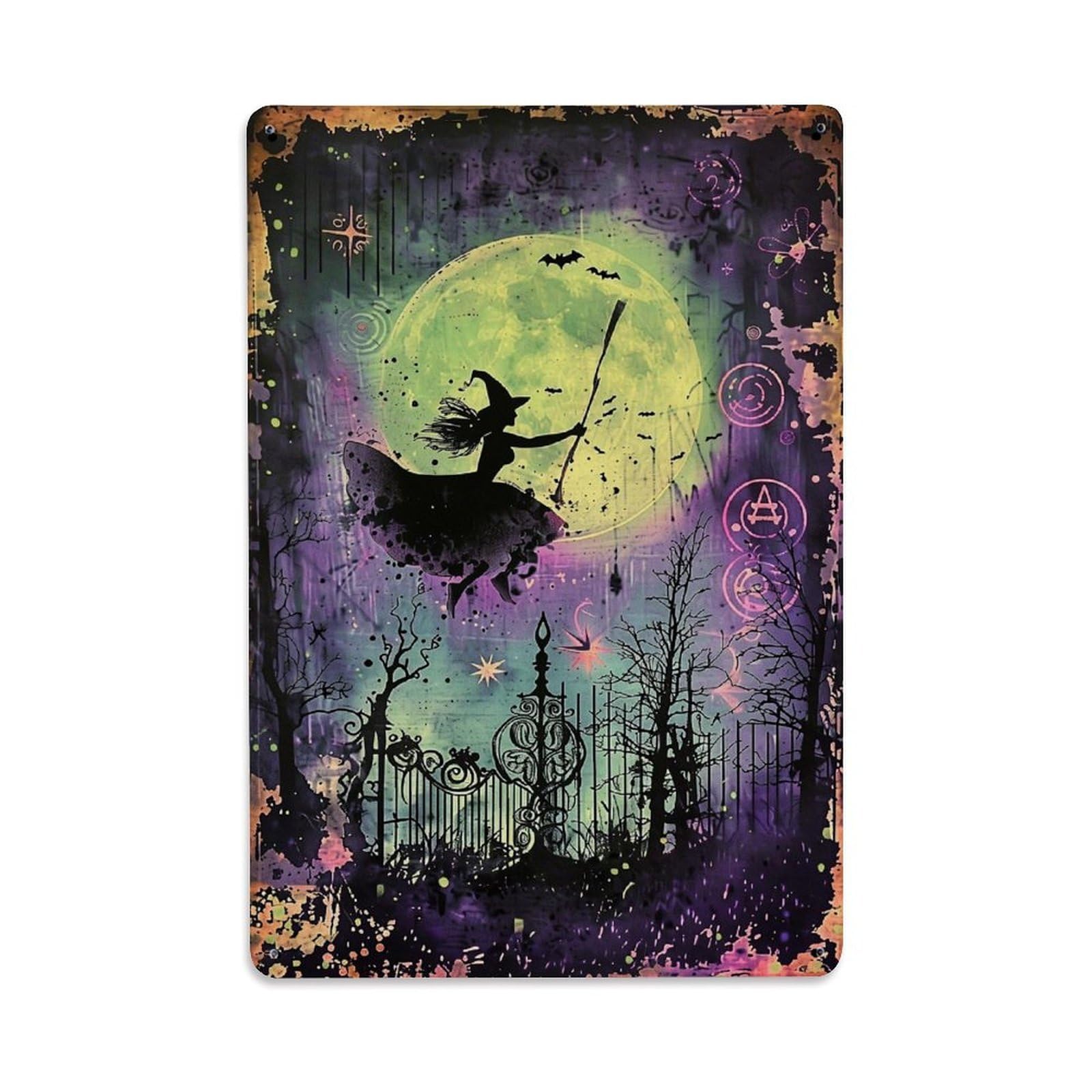 Witch Flying Moon Bats Forest Tin Sign Metal Poster Vintage Metal Signs for Home Man Cave Bar Cafe Kitchen laundry room Wall Decorations Gift 8x12Inch
