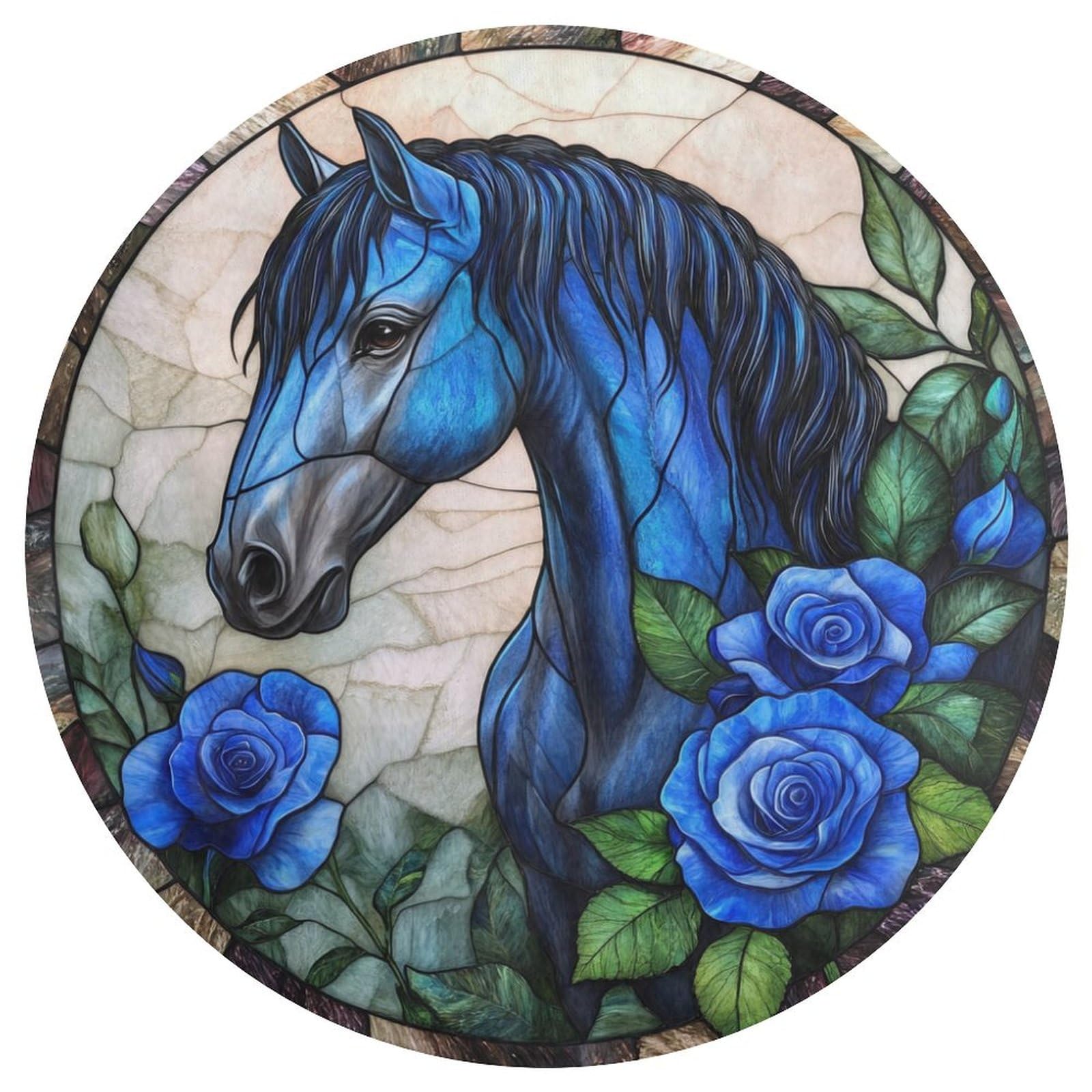Tapis bleu moderne motif cheval élégant tapis rond 90cm de qualité