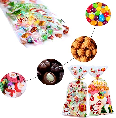 Miniatura 8 de MOLIDA 150 bolsas de celofán de Navidad, bolsas de dulces transparentes de Navidad con 160 lazos giratorios para suministros de fiesta de Navidad