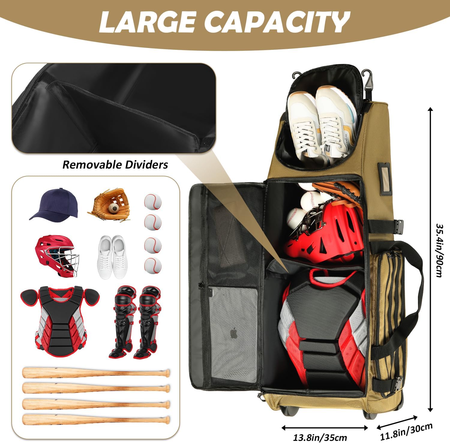 Large Catcher Gear Bag with Wheels - Rolling Baseball Tactical Style for 4 Bats, Multiple Pockets & Fence Hook