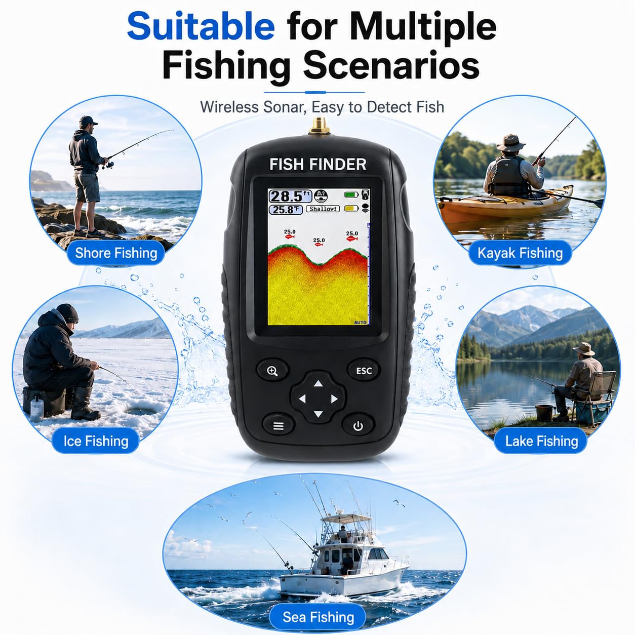 Localizador de Peces portátil de Mano Sensor de Sonar inalámbrico Localizador de Profundidad para entusiastas de la Pesca