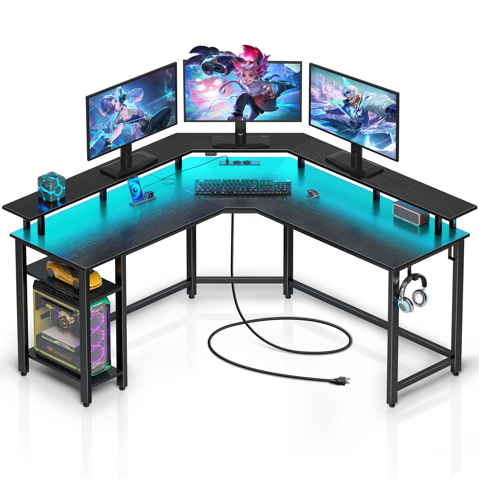 Rolanstar Scrivania Gaming Angolare con LED, Scrivania a L con Prese e Porte USB, Supporto per Monitor e Ripiano, Tavolo a Forma di L Reversibili con 2 Ganci (Nero, 134,5 x 134,5 x 86,2cm)