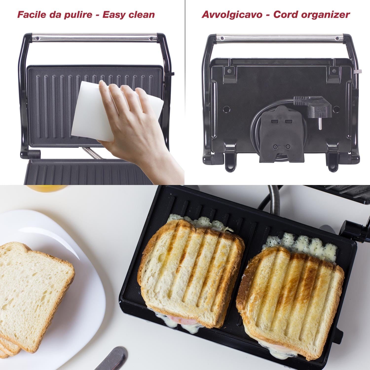 BEPER P101TOS003 Parrilla Eléctrica Compacta, Placa Antiadherente, Tostadora, Sándwiches, Carne, Verduras - Placas Autoajustables, Mango Termoaislante y Recogedor de Cable Integrado