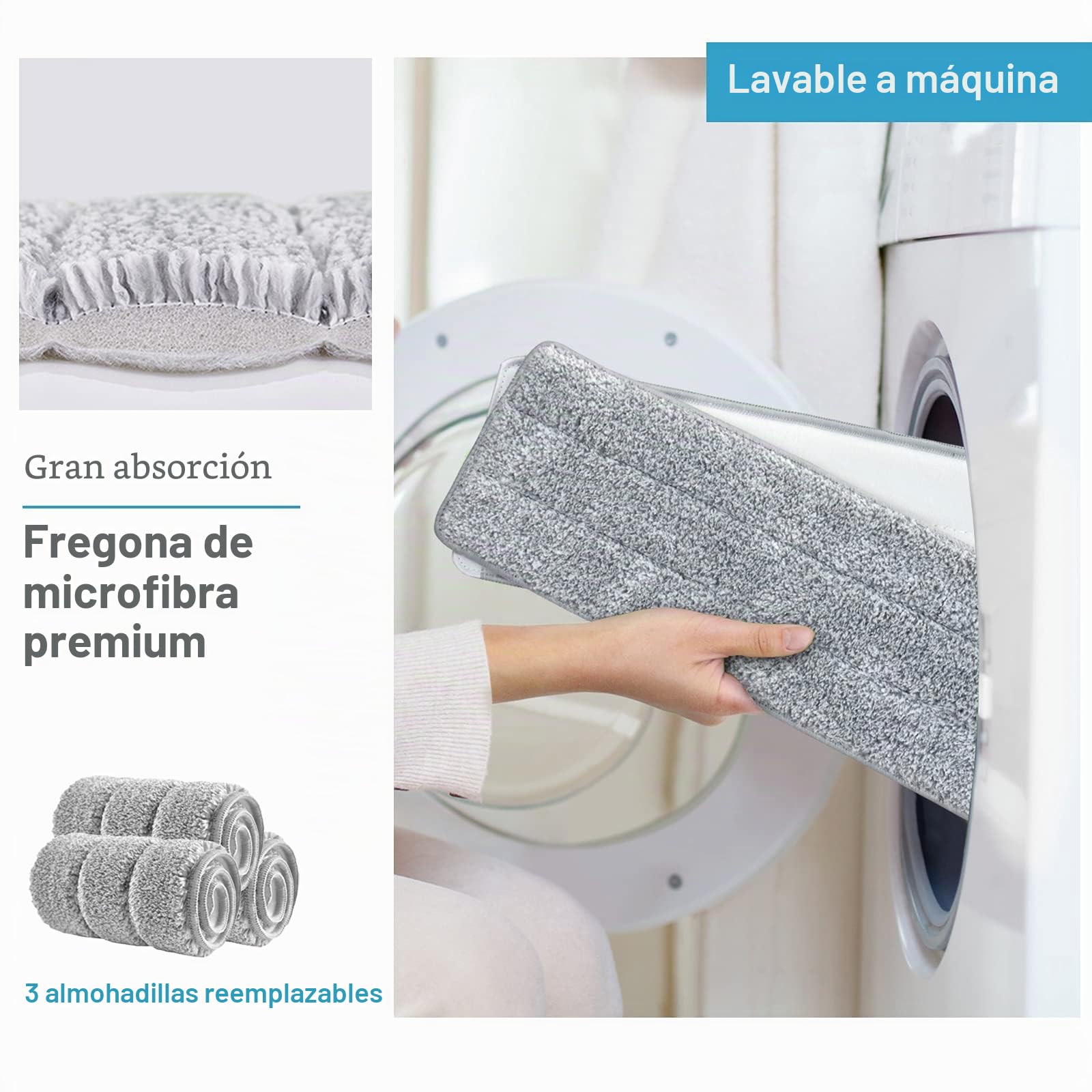 BOSHENG - Juego de trapeador y Cubo de Microfibra autoescurridor con 3 Almohadillas Lavables y Reutilizables, Sistema de Limpieza de Suelos para Uso en seco y húmedo.