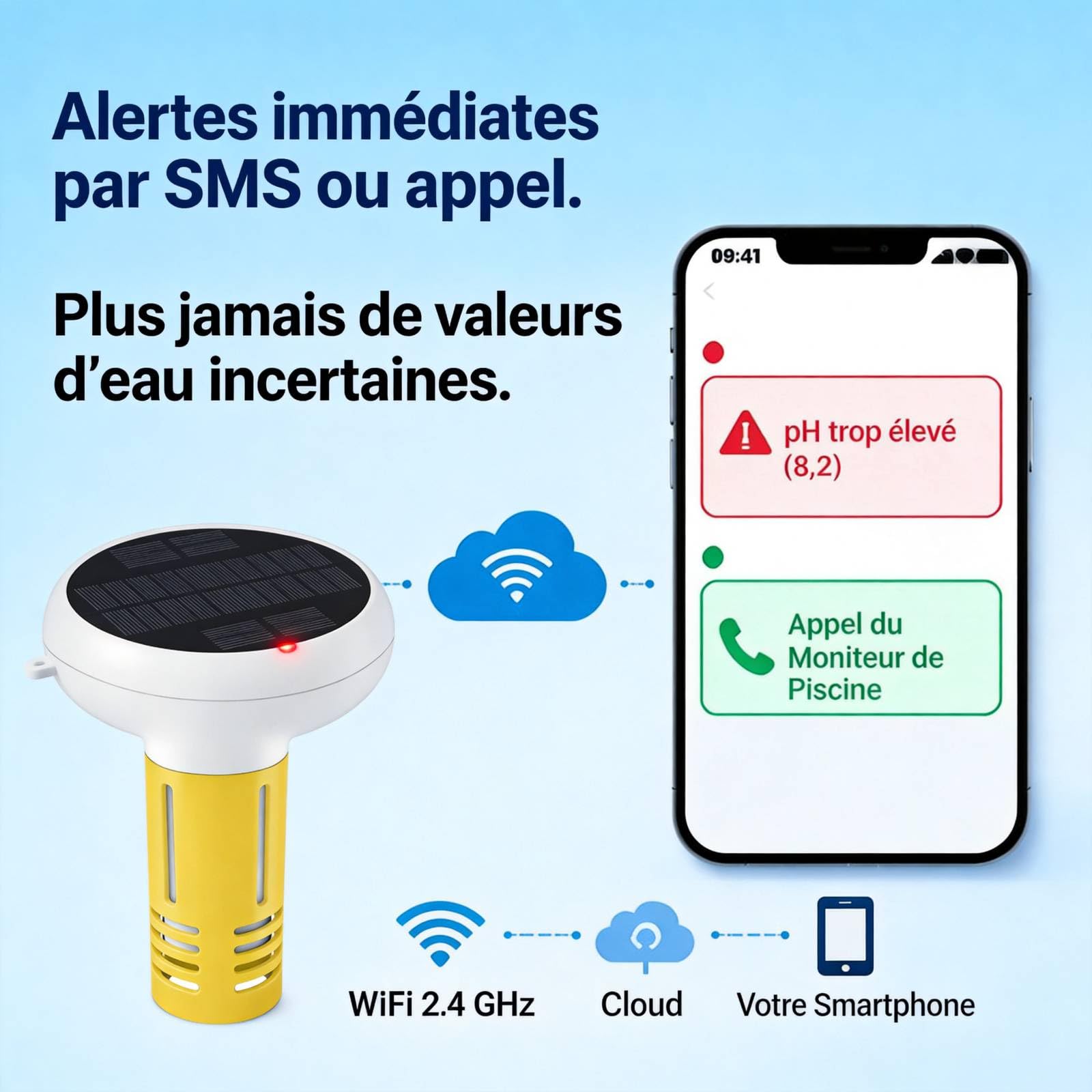 Testeur d'eau WiFi intelligent 7-en-1 Moniteur de piscine Charge solaire USB avec technologie de sonde | Alertes téléphone/SMS pour le suivi du pH/ORP/salinité/température
