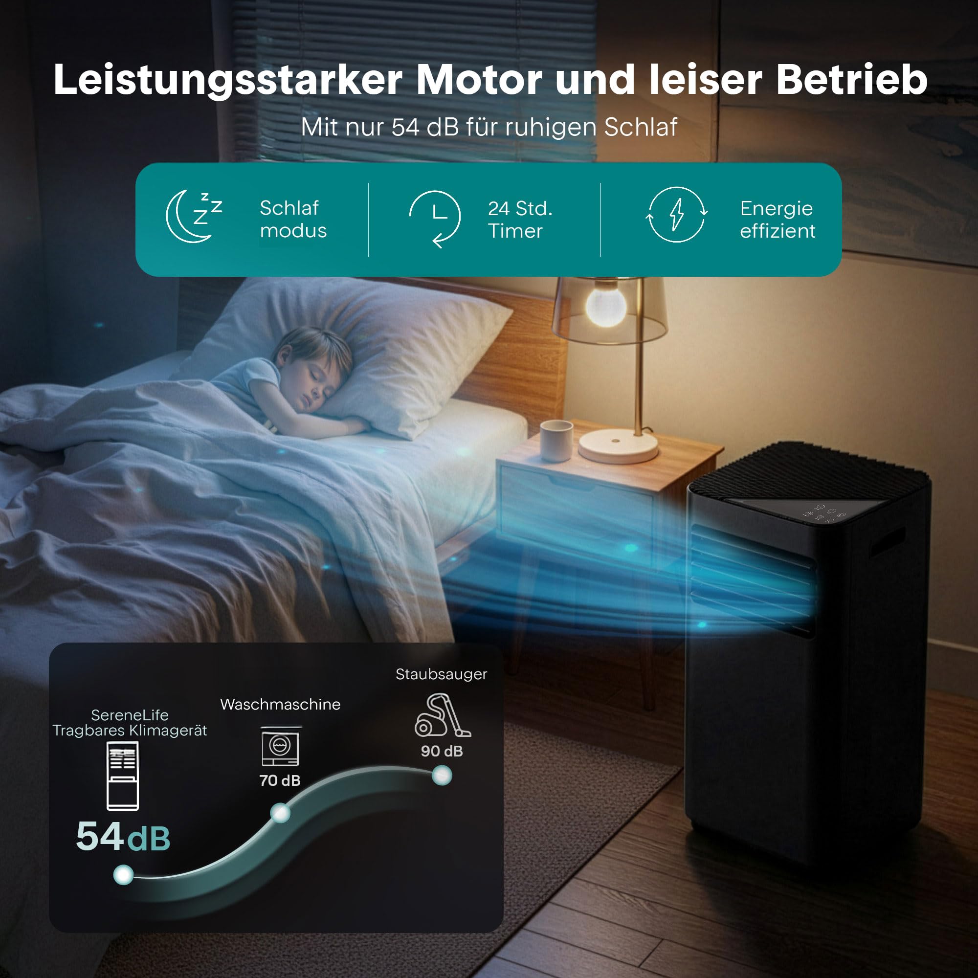 SereneLife Schwarz Mobiles Klimagerät 9000 BTU 2,64kW für 28 m² – Air Conditioner mit Abluftschlauch, 3-in-1 mit Entfeuchter und Ventilator, Leise 54 dB, inkl. Fensterkit und Fernbedienung
