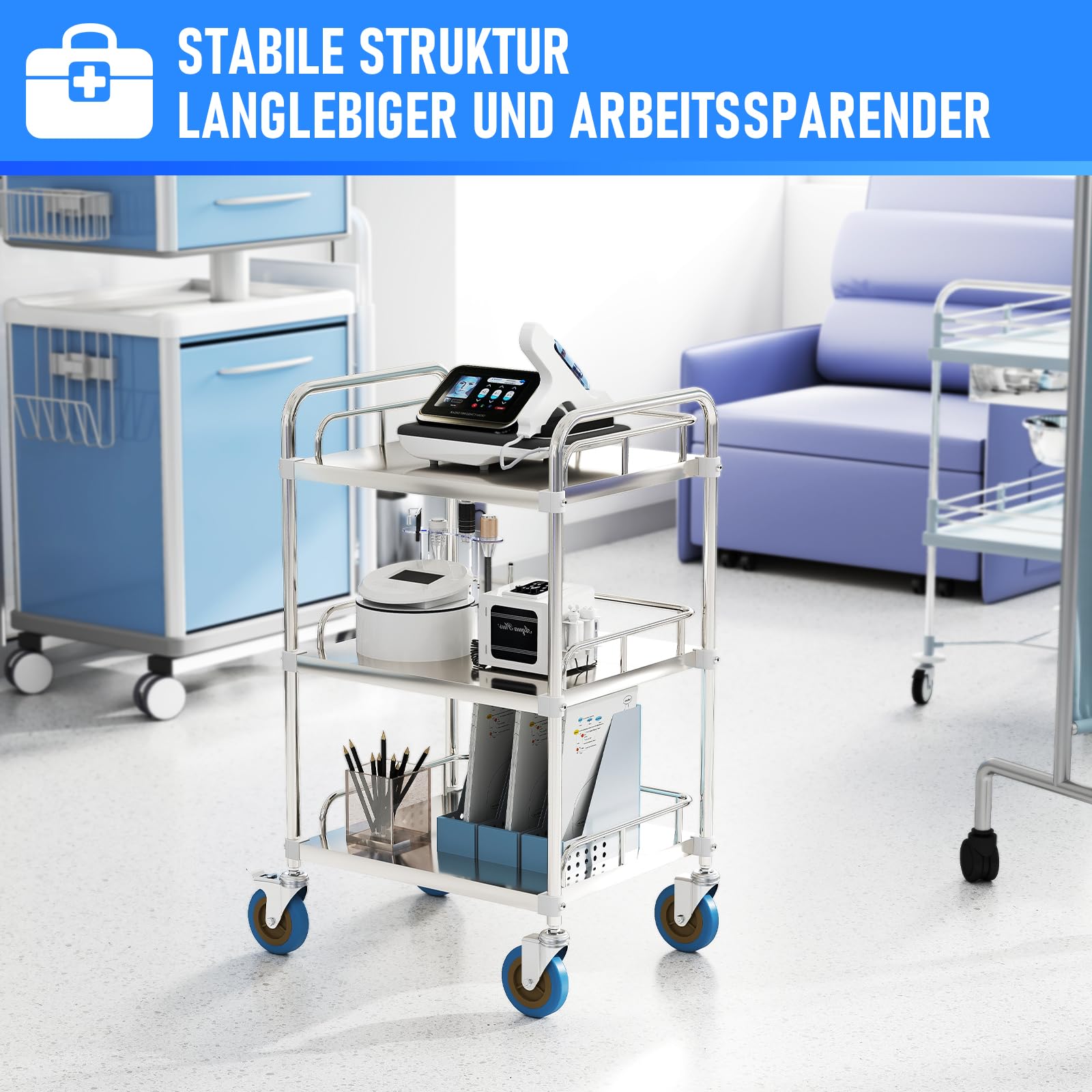 lesolar Labor Rollwägen, Servierwagen Edelstahl 3 Böden, Edelstahl Küchenwagen mit 4 Schwenkbar Rollen 2 Bremse, Serving Lab Trolley, Transportwagen, Laborwagen, Teewagen 440 x 660 x 860 mm