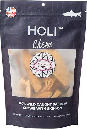 HOLI Masticables dentales de piel de salmón salvaje para perros, golosinas naturales de un solo ingrediente para perros, Omega 3 y 6 para un pelaje