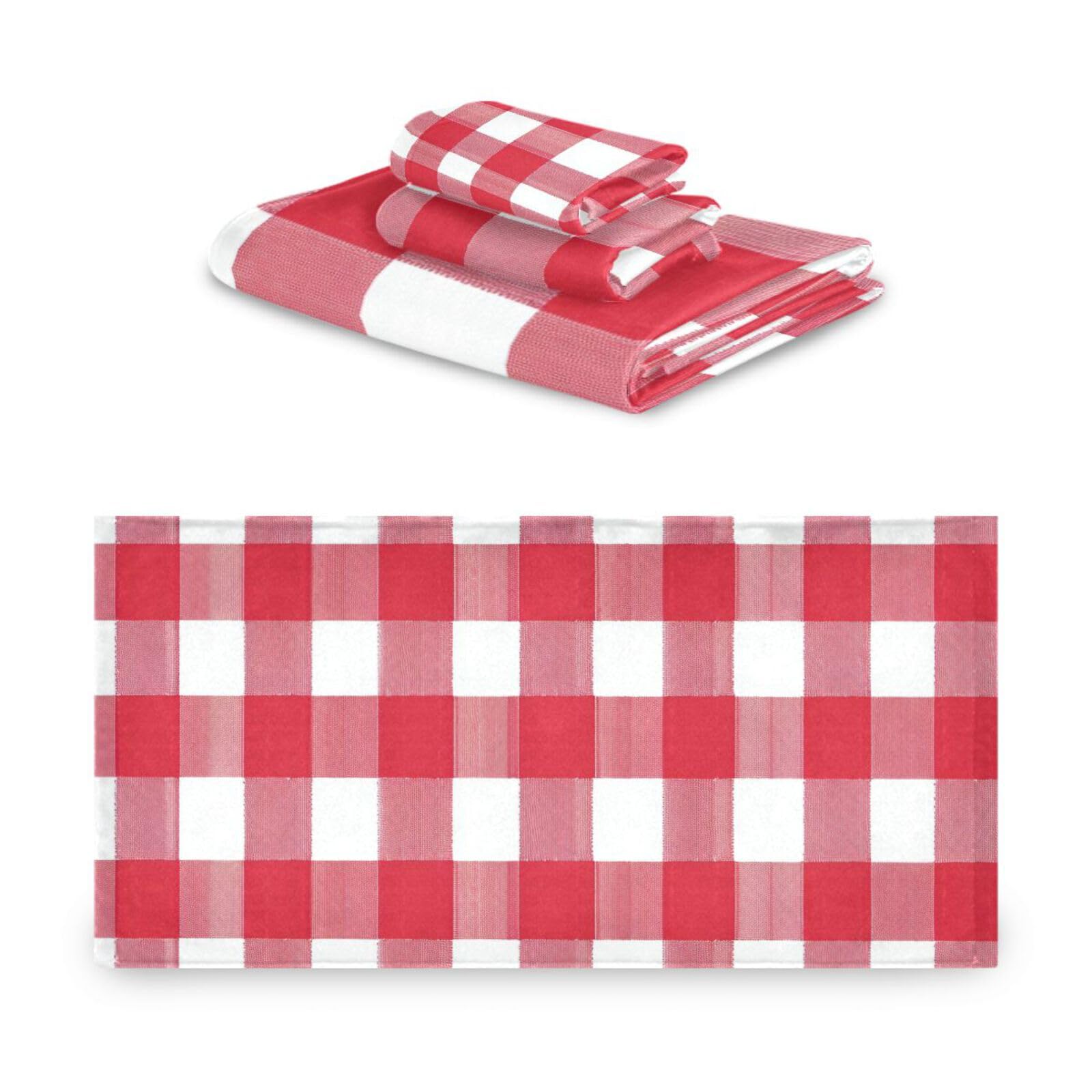 Buffalo Plaid w kratkę czerwone białe miękkie ręczniki do twarzy zestaw 3 sztuk, 1 ręcznik kąpielowy 1 ręcznik do rąk 1 myjka do łazienki kuchni