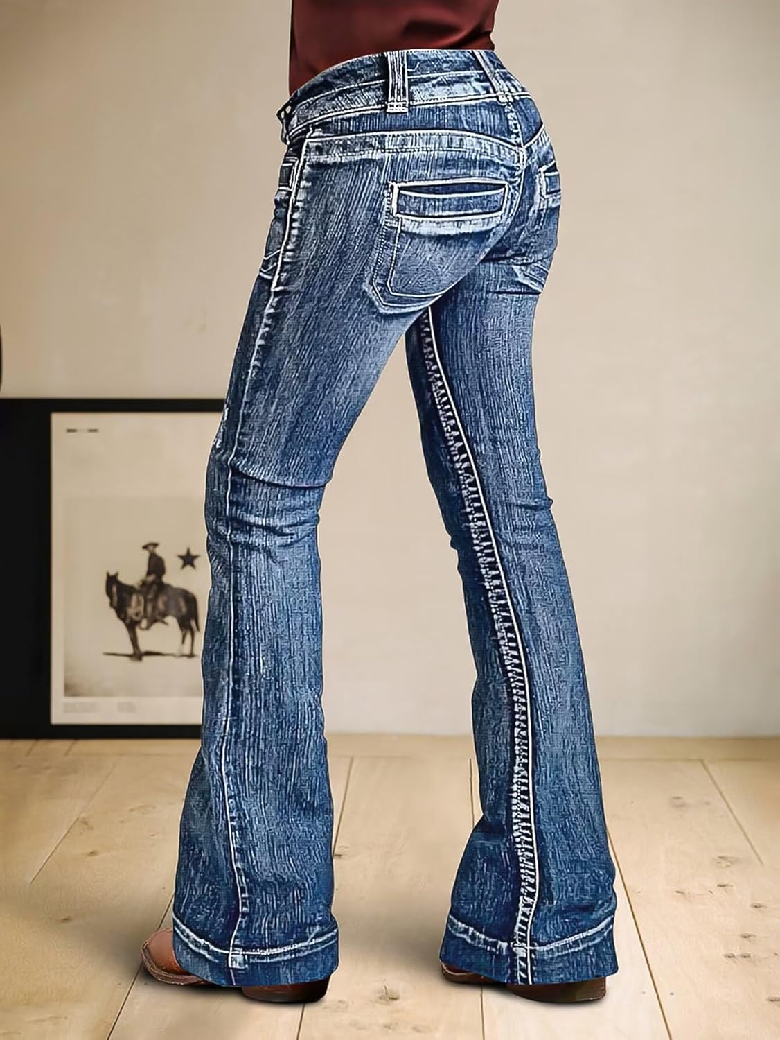 Flamingals Flare Leg Low Rise Wash Dual Button with Patch Pocket Elastic Vintage Jeans for Women - Image 3