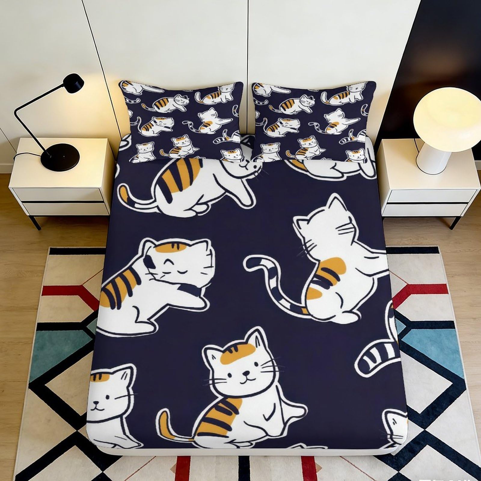 3D Printed Cute Cat Pattern Fitted Sheet Microfiber Soft Breathable Cartoon Kitten Bed Cover for Bedroom Dormitory Guest Room Mattress Protection 120x200x25cm