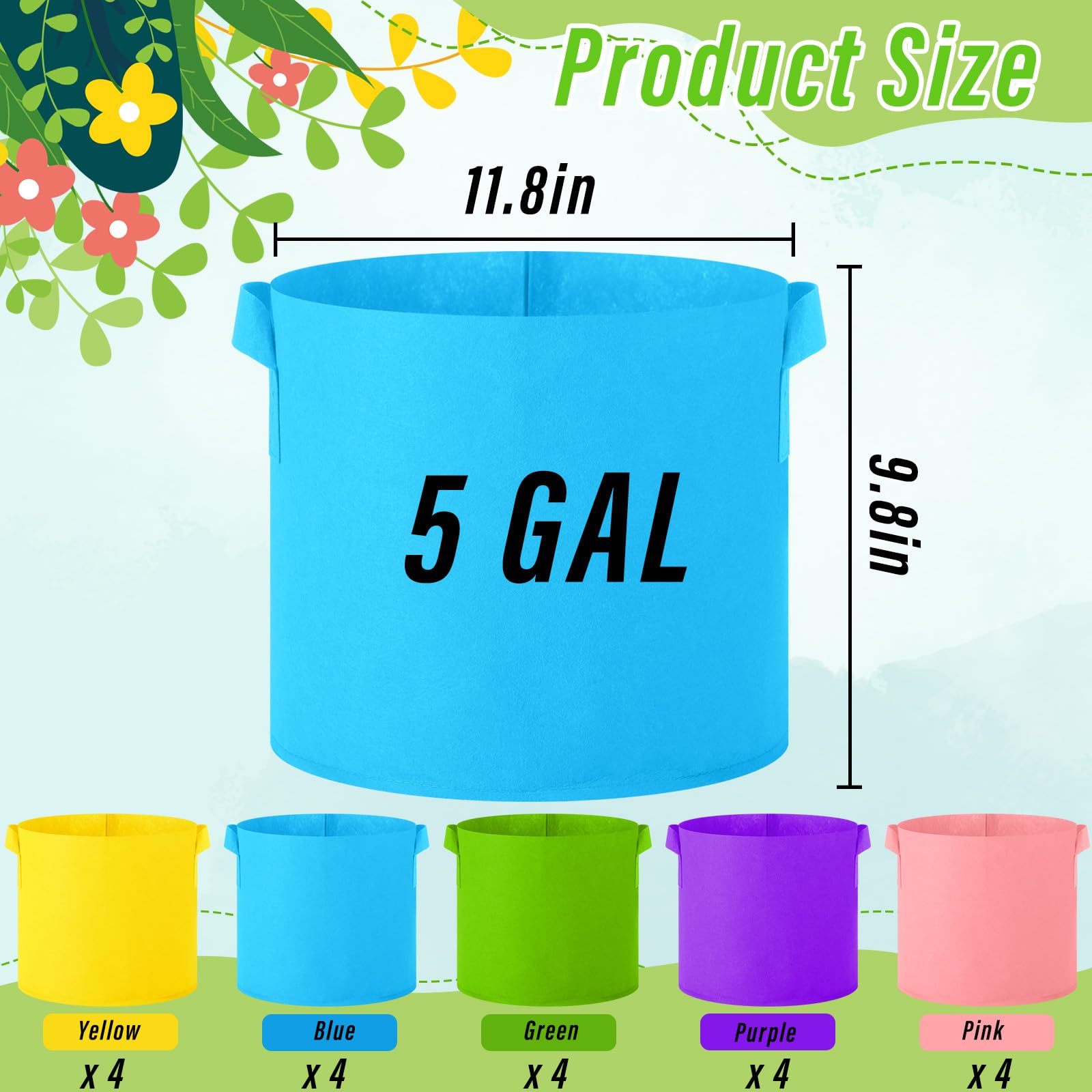 Ziliny Paquete de 20 bolsas de cultivo multicolor para plantas, macetas de tela no tejida con asas, semillas de plantas de jardín, tomate, verduras, flores, bolsas de plantación para jardinería