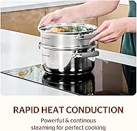 Vista 5 de SUNHOUSE Ollas de vapor de 3 cuartos con tapa, utensilios de cocina multiusos de acero inoxidable de 2 niveles con asas que se mantienen frescas
