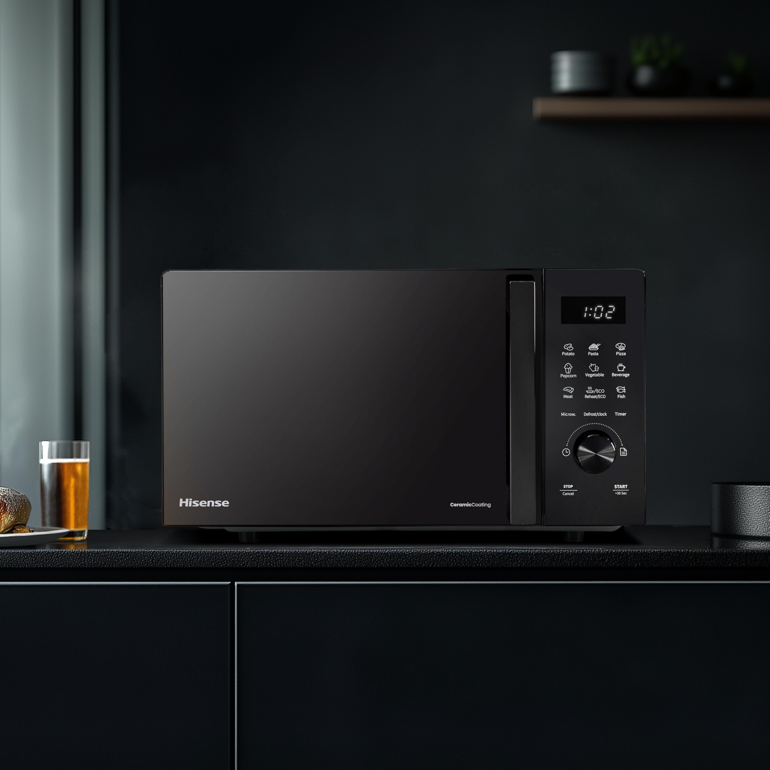 Hisense H23MOBSD1H - Microondas Digital con Grill 23L, 800W, Revestimiento Cerámico, Cristal Premium, 10 Niveles de Potencia, Función de Descongelación, 9 Programas Automáticos, Fácil limpieza