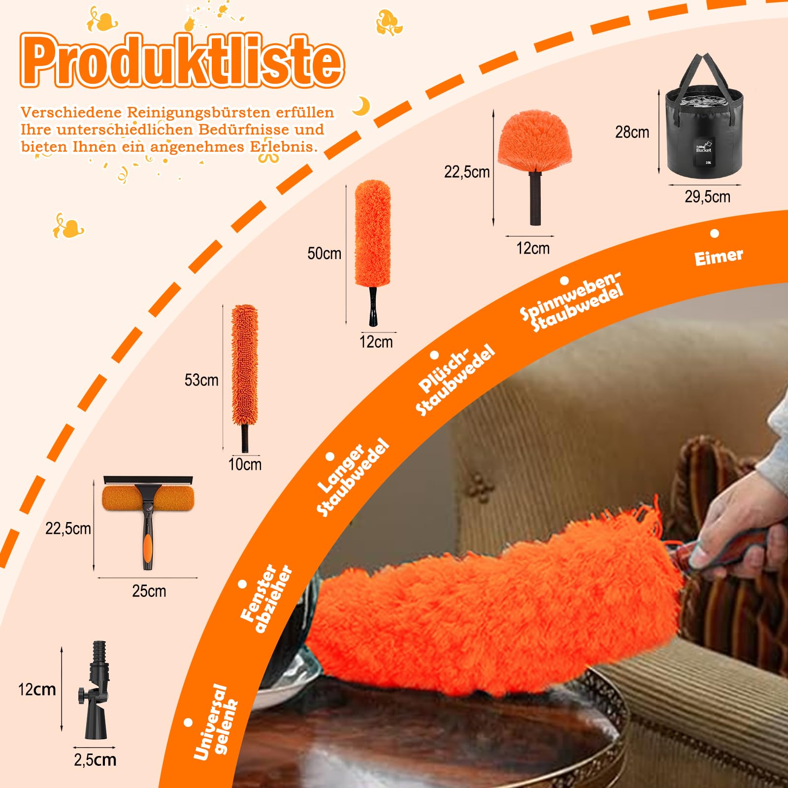 LAANPOLE 6M Staubwedel Teleskop Waschbar, Spinnwebenbesen mit Teleskopstiel, Fensterabzieher zum Reinigen von Decken, Lücken, Deckenventilatoren