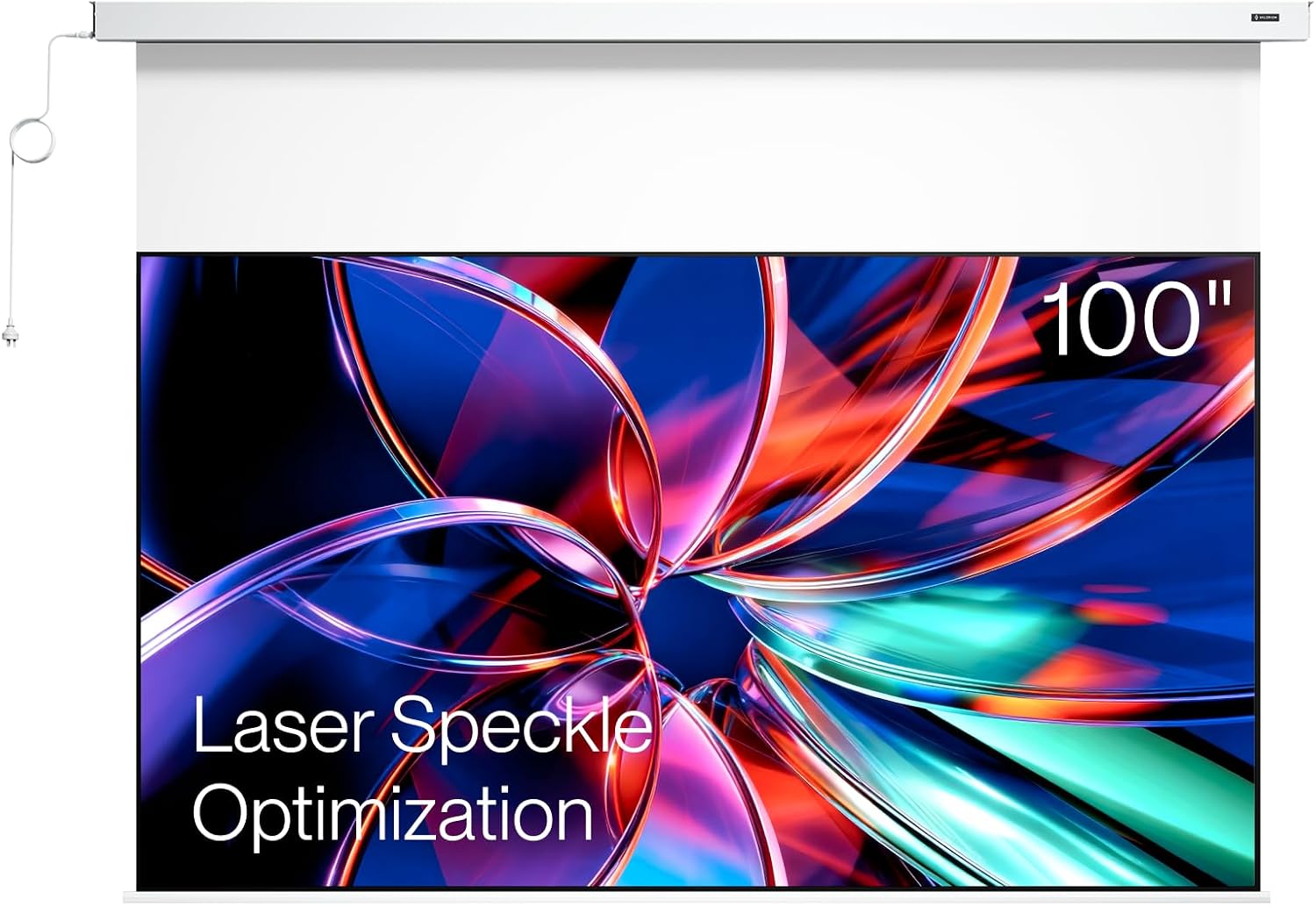 Valerion 100" PureVision Motorized Projector Screen - Laser Speckle Reduction, 4K/8K UHD, 20" Drop, Long Throw