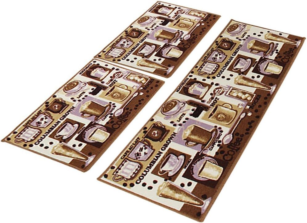 Dotteen Decorative Kitchen Rugs 3 Pieces Non-Slip Rubber Backing Doormat Runner Area Mats Sets, Coffee Design, Brown (16x48 inch+16x24 inch+16x24 inch)