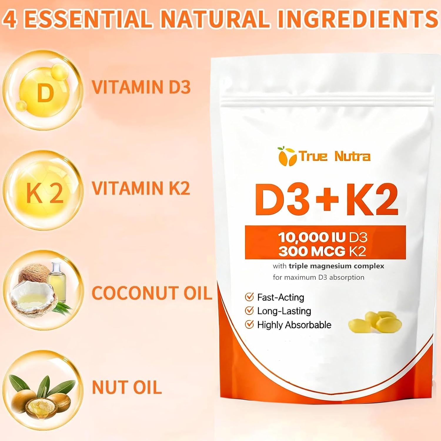 D3 K2，Vitamin D3 K2 10,000 IU Magnesium Supplement, Non-GMO, Gluten-Free,Enhance Energy，300 Coconut Oil Softgels (1PCS)