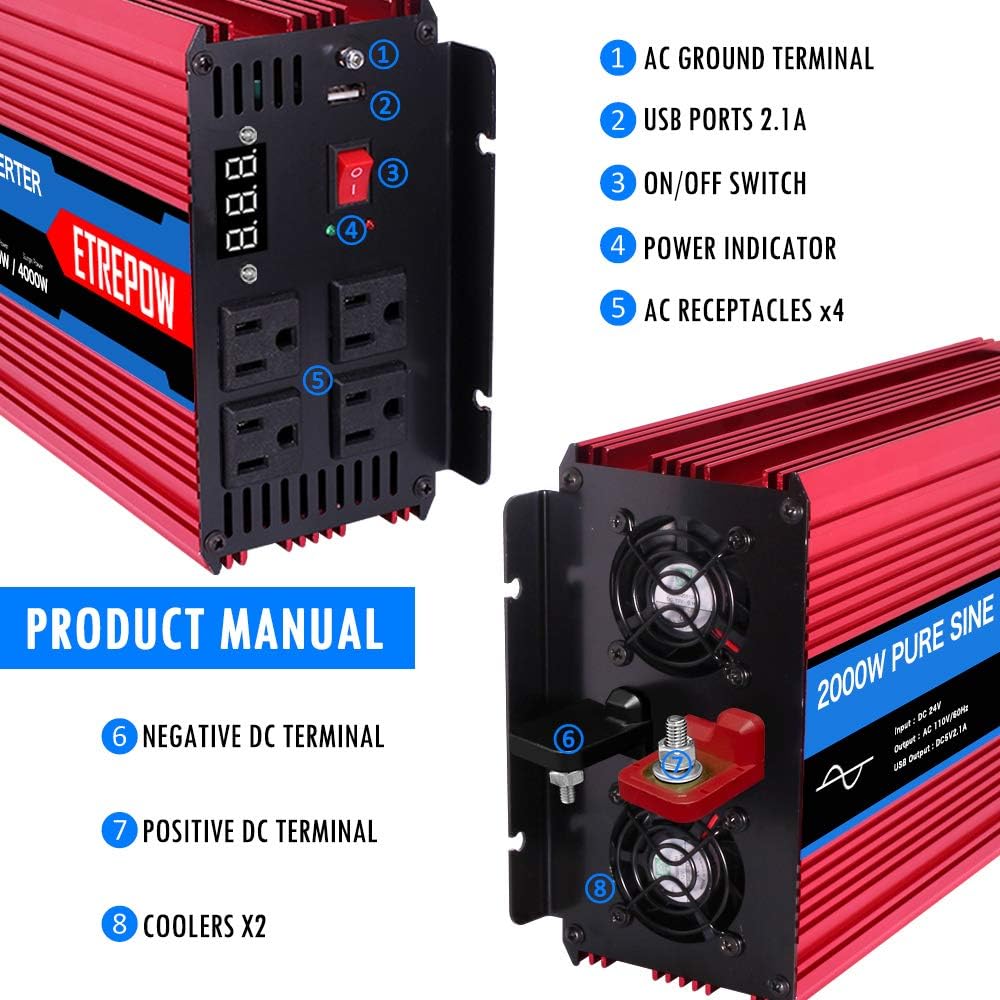 70% оƒƒ Evеrуthіng ETREPOW 2000 Watt/4000 Watt Pure Sine Wave Power Inverter 24V DC to 110V /120V AC Power Converter Wireless Remote Control-Off-Grid Inverter for Outdoor ,Home,Camping, RV,Truck,Car
