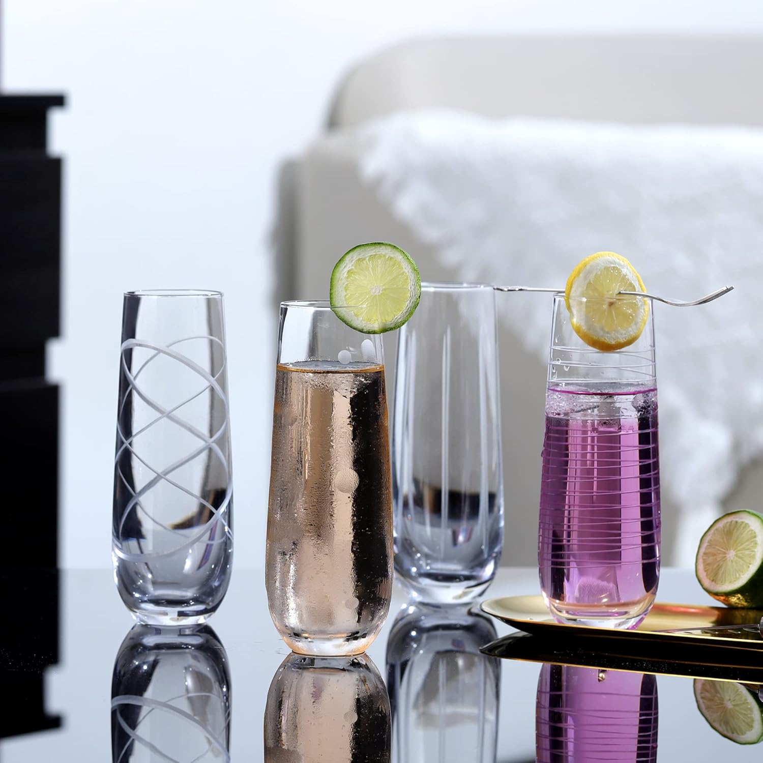 Joeyan Etched Champagne Flutes Glasses Cups,Handmade Mouth Blown Aesthetics Glassware Art Decoration,Home Bar Essentials,Gifts for Wedding Anniversary Daily Use,Set of 4,9.8 oz,Dishwasher Safe - Image 6