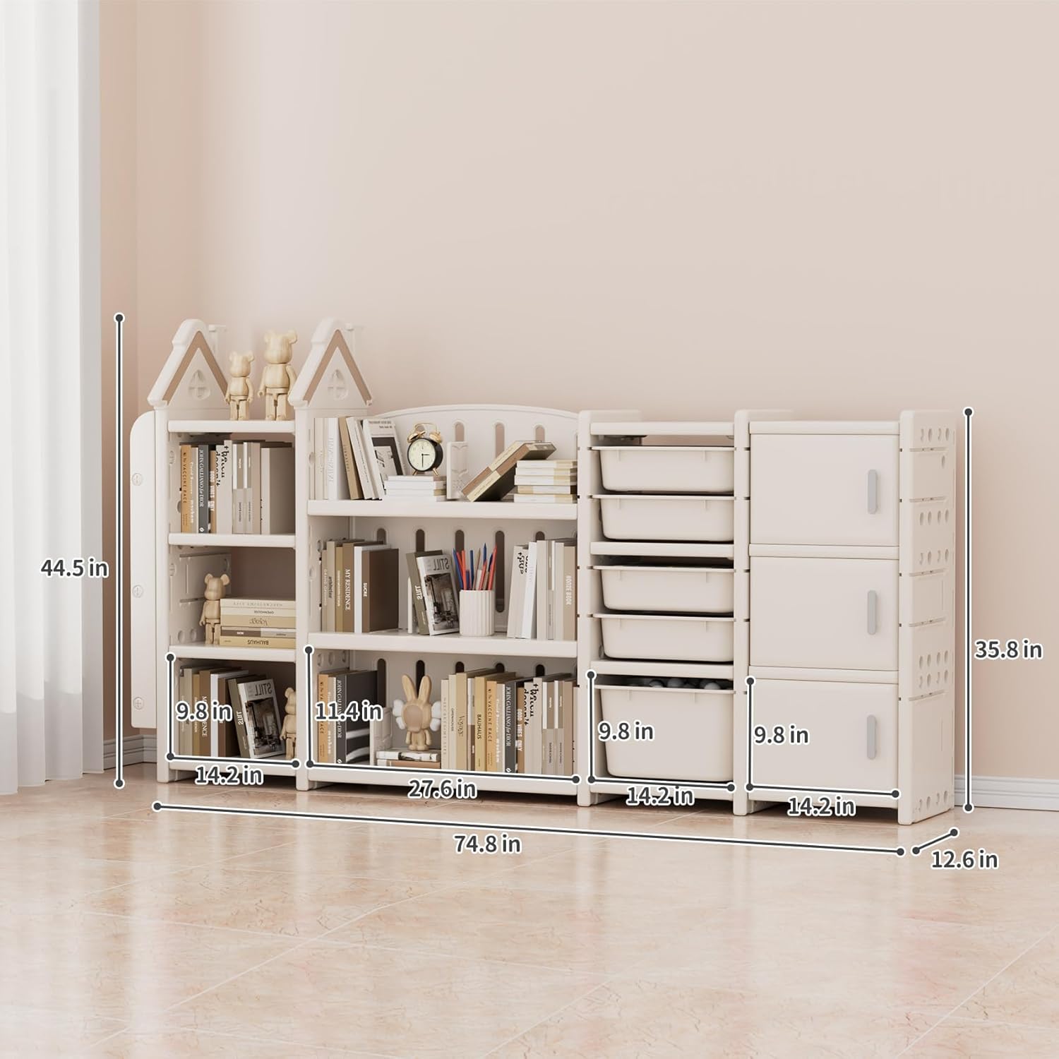 UNICOO® Kids Toy Storage Organizer with Removable Bins, 4-Tier Bookshelf and Cabinet - Storage Cabinet for Toddlers, Space-Saving Storage and Organization Shelves for Nursery, Study Room (White)