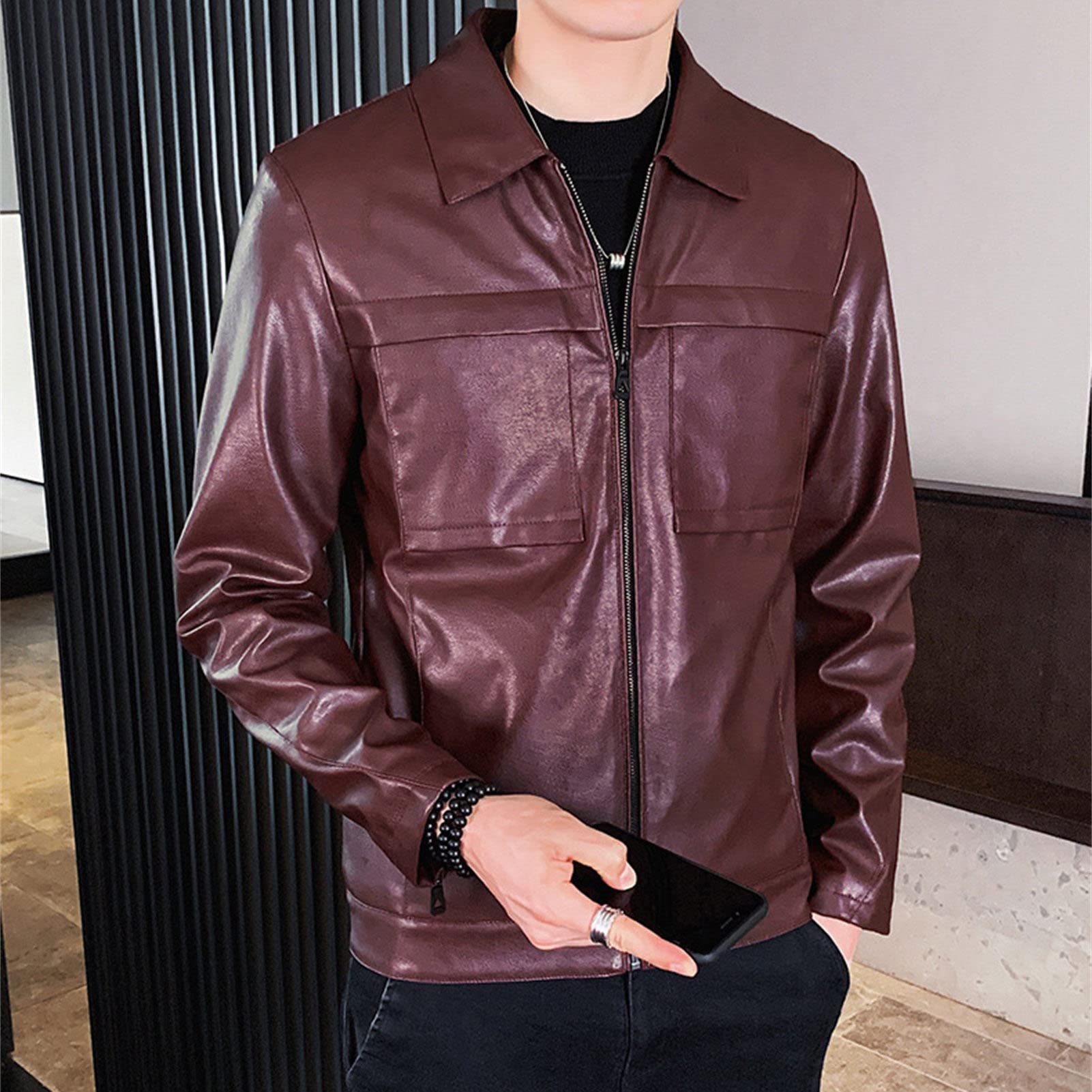 Maiyifu-GJ Men Lapel Faux Leather Motorcycle Jacket Vintage Zip Up Slim Fit Biker Coat Lightweight Classic PU Leather Jacket (Red Wine,3X-Large)