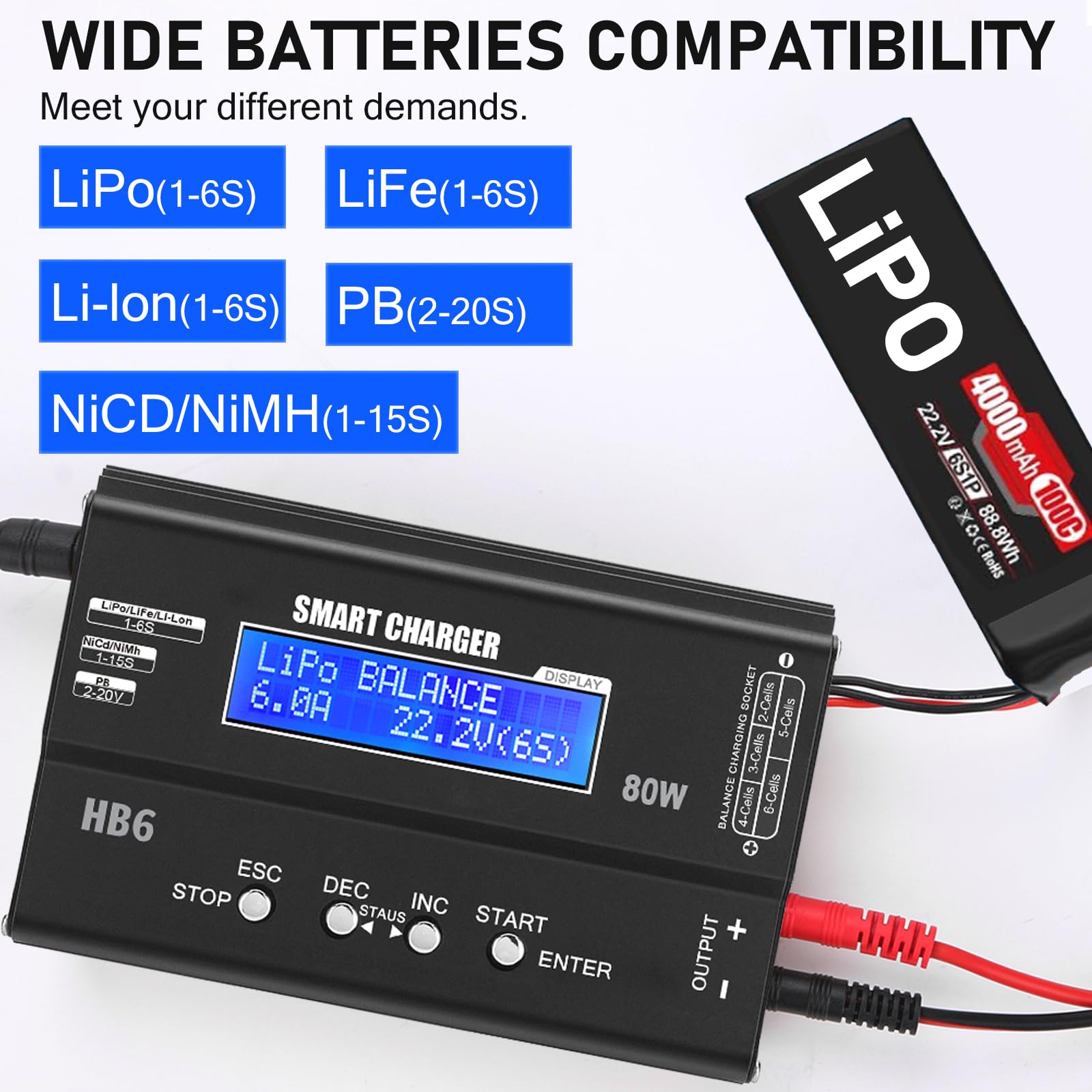 HTRC LiPo ładowarka 80 W 6 A RC ładowarka z balansem, AC/DC i | Do LiPo/Li-Ion/LiFe 1-6S, NiMH/NiCd 1-15S, Pb 2-20V; kabel 8 w 1: XT60, EC3, Deans, Tamiya, Tamiya Mini, JST, FUTABA, TRX