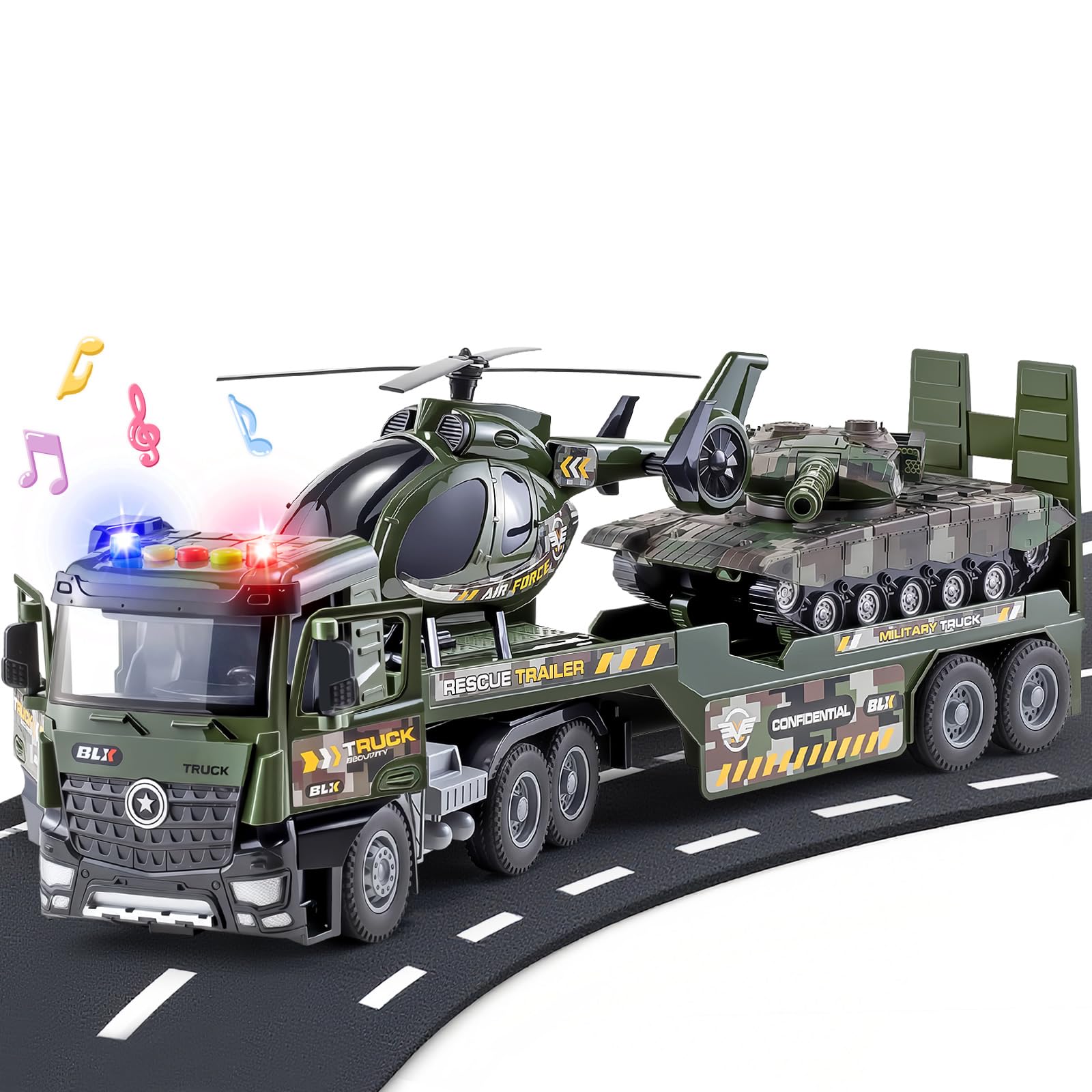 Green Military Big Truck Toys for Toddler Boys 3 4 5 6 7 Year Old, 22" Semi Truck with Helicopters and Tank, Army Toys with Openable Doors & Sounds & Lights, Birthday Gifts for Kids Child-image-45