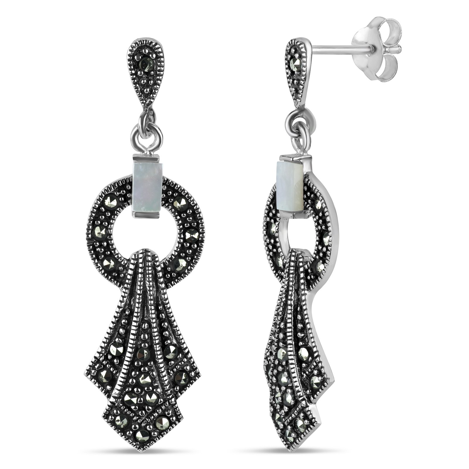 Designs by Helen AndrewsSterling Silver Mother Of Pearl With Marcasite Drop Earrings