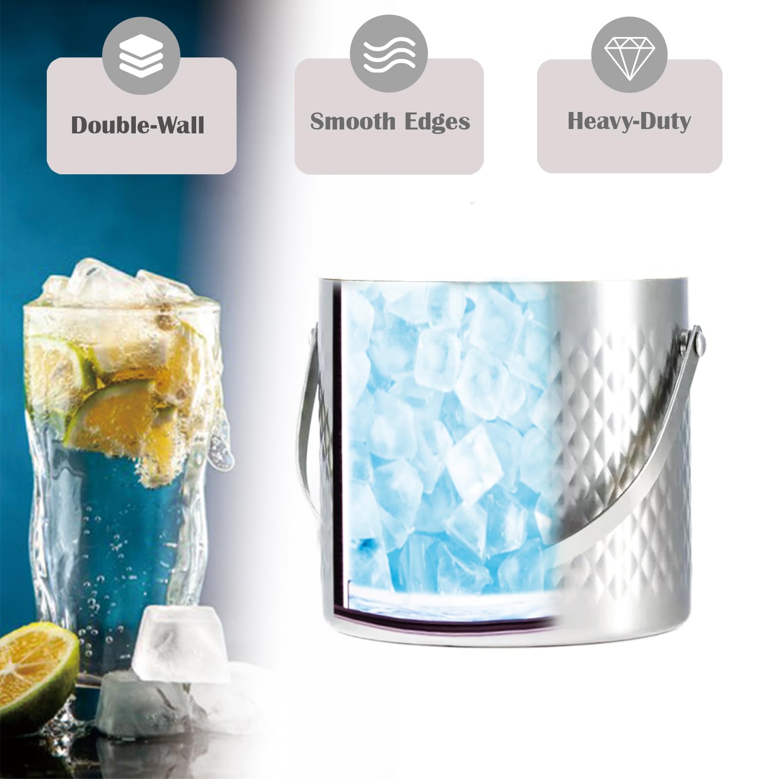 Cubo de hielo aislado martillado de acero inoxidable con tapa de madera y pinzas para hielo con capacidad para 3 litros de hielo, mantiene el hielo más frío, accesorios para carrito de bar