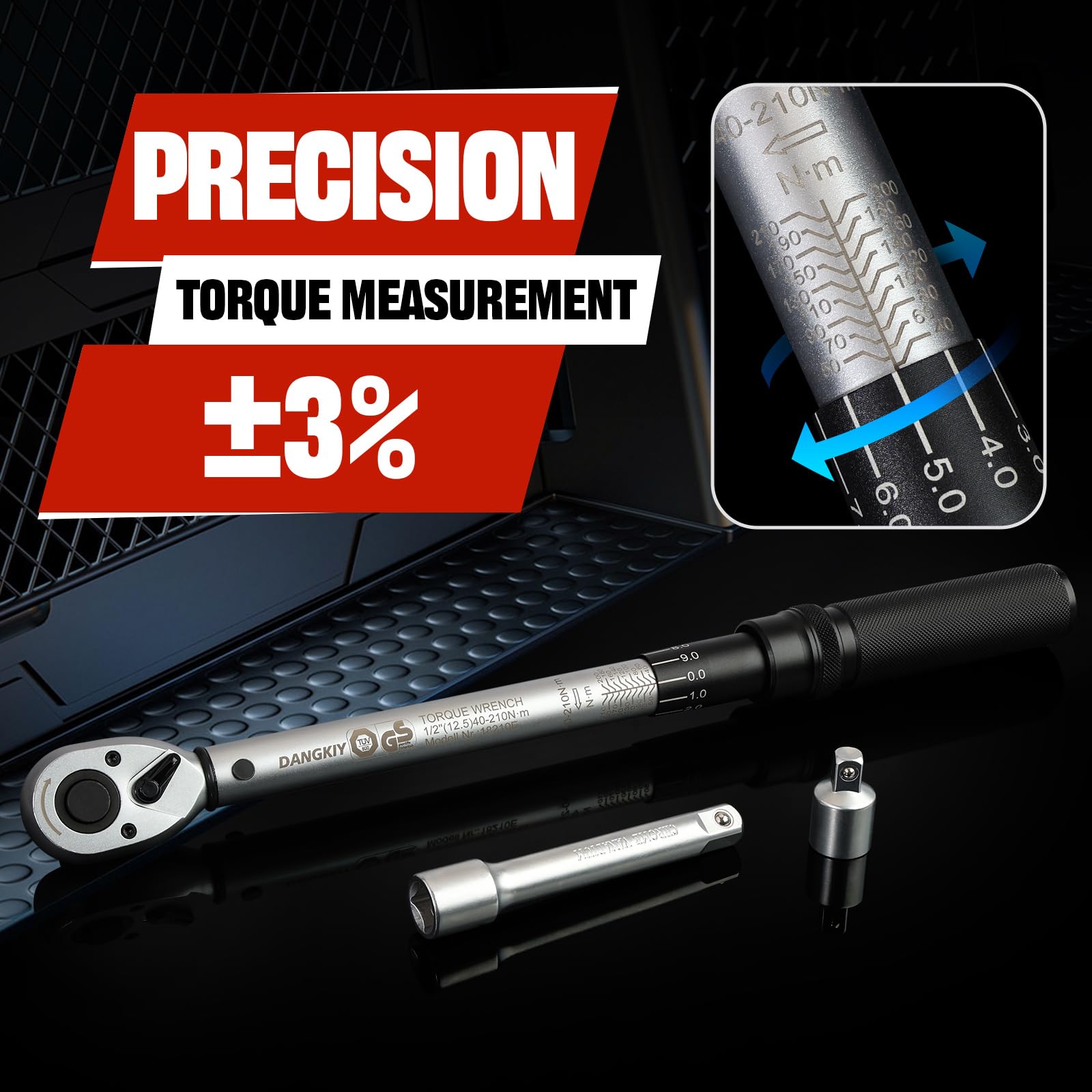 Drehmomentschlüssel Auto, 40–210 N.m Drehmomentschlüssel 1/2 Zoll, 6-tlg. Torque Wrench mit 125 mm Verlängerung, 1/2"-3/8" Adapter & 3 Stecknüssen – Für Reifenwechsel & Motorrad