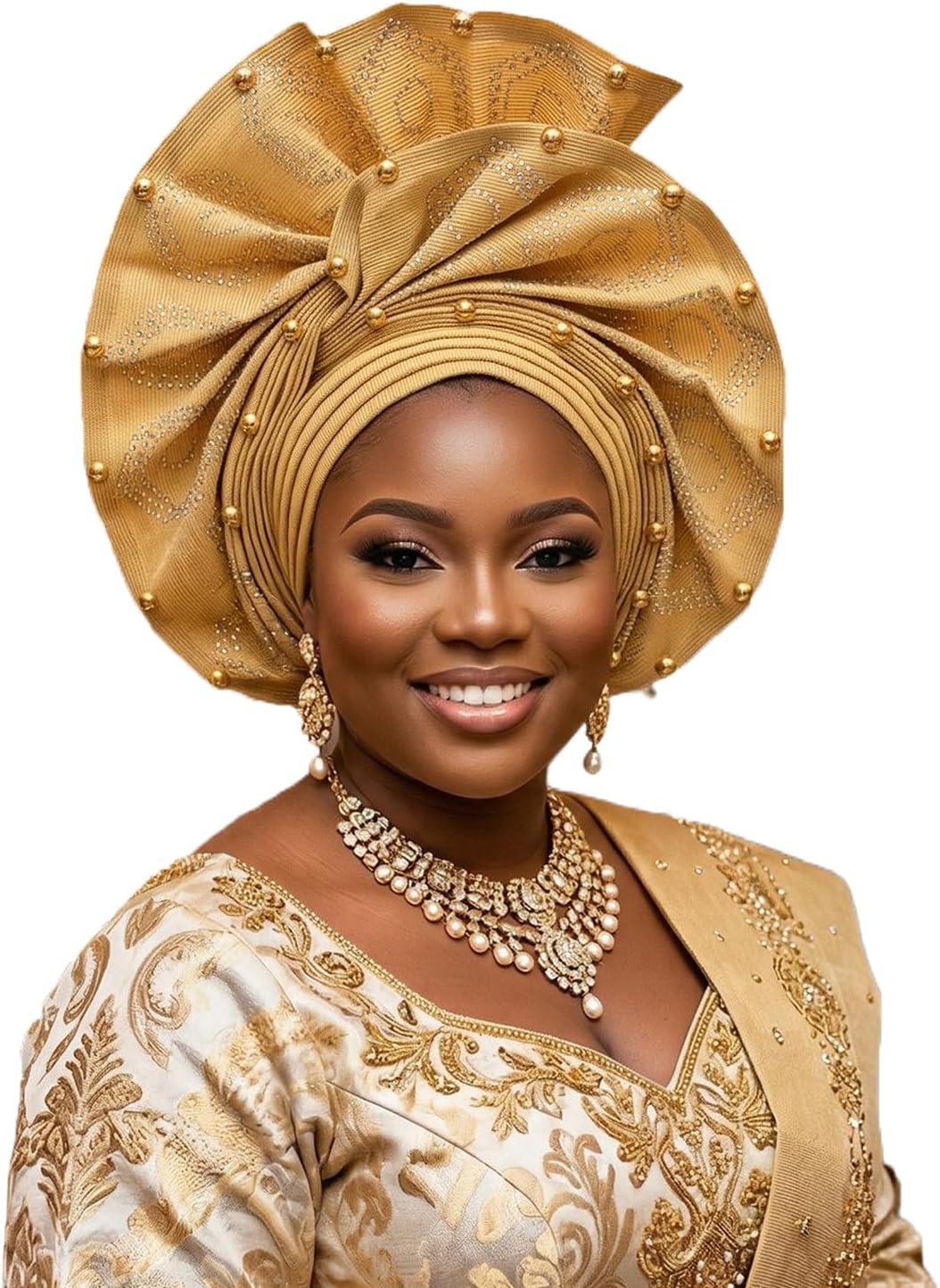 African Gele Head Wrap for Women, Nigerian Headpiece, Pre-Tied with Velcro, Beaded Turban Hat