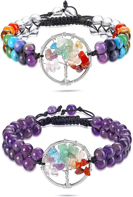 JOVIVI Tree of Life Chakra Crystal Bracelets,2pc 7 Chakras Amethyst Reiki Stones Healing Crystals Natural Gemstone Beads Meditation Bracelet for Women Men Gifts Christmas