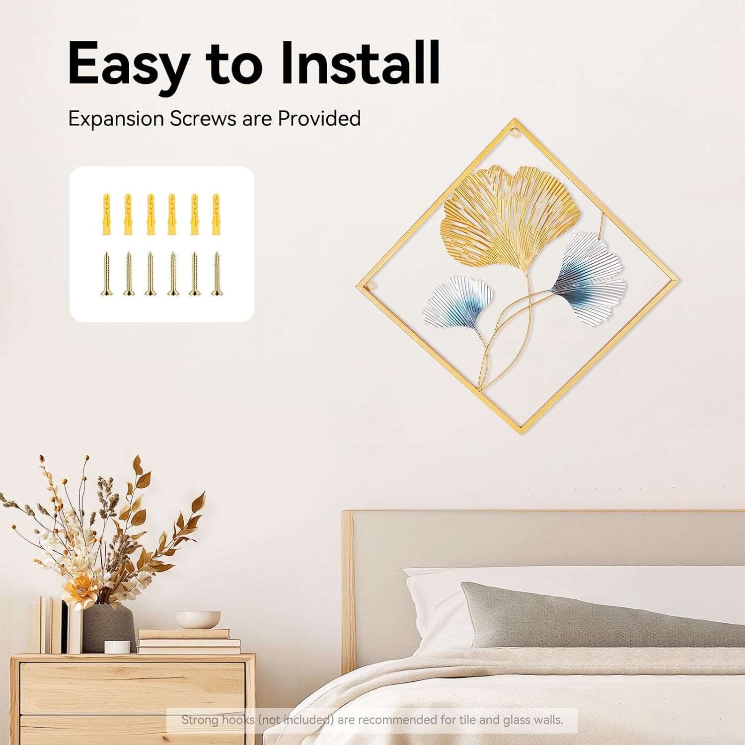 WUSILILU 3PCS Metal Ginkgo Wall Decorations, Wall Mount Gold Leaf Art Decor with Frame, Modern Indoor Wall Art Decorations Set for Bedroom, Living Room, Study, Dining Room, Entryway