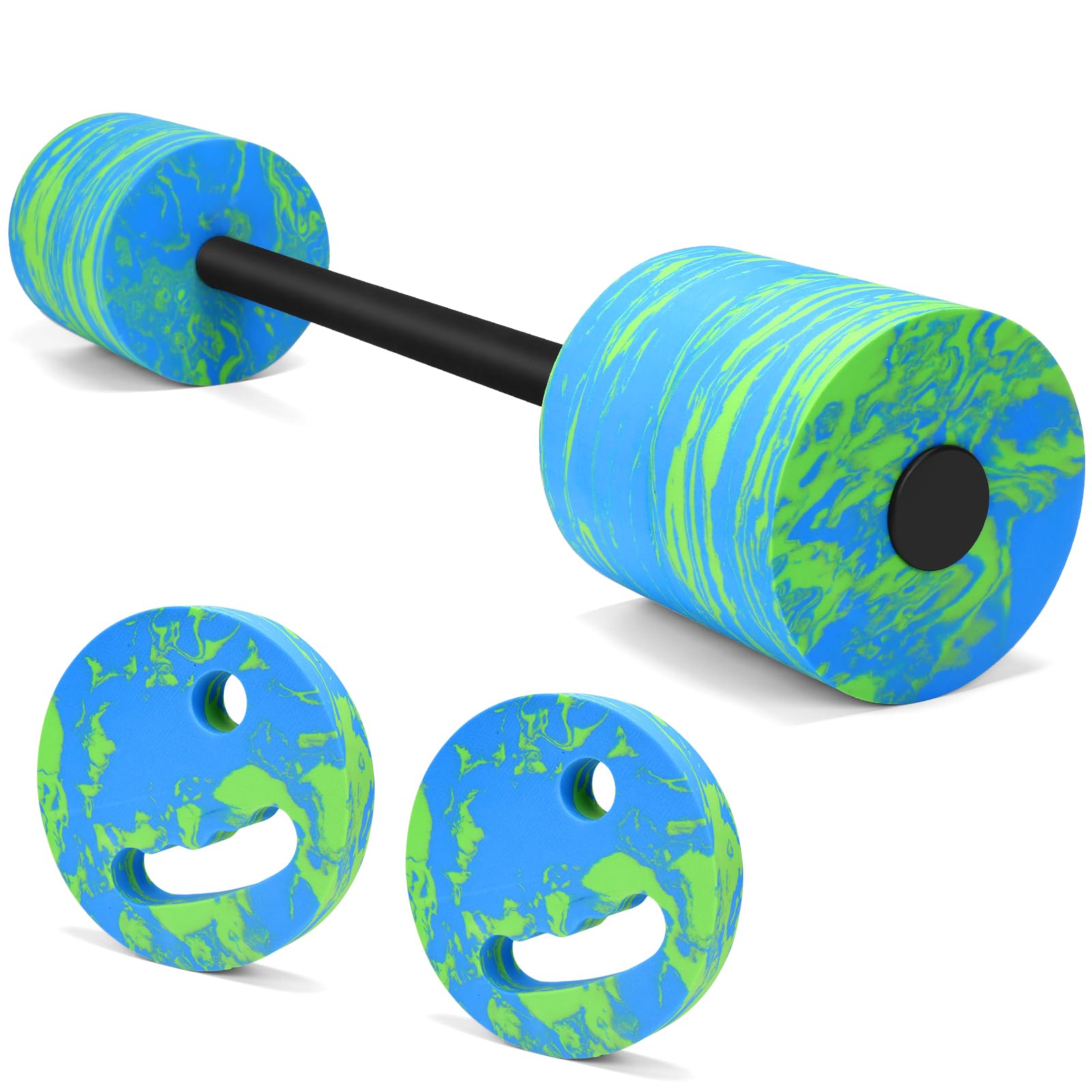 IEBIYO 29.3’’Aquatic Exercise Equipment Swim Barbell High Density EVA Foam Pool Barbell with Water Exercise Discs Aquatic Fitness Equipment (Blue&Green)