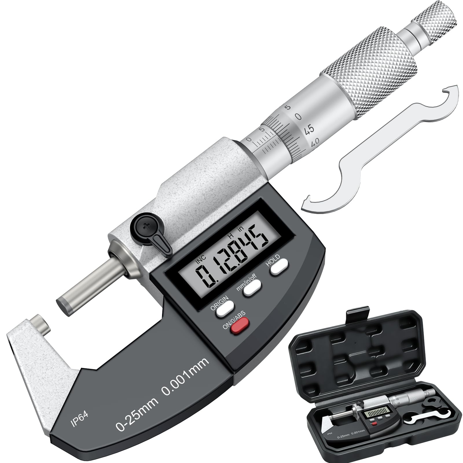 Digitale Bügelmessschraube 0-25 mm, Digital-Mikrometer Auflösung 0,001 mm, Zoll/mm-Umschaltung, Präzision 0,003 mm Genauigkeit, Dual-Mode-Mikrometer großes LCD-Display mit Schutzhülle.