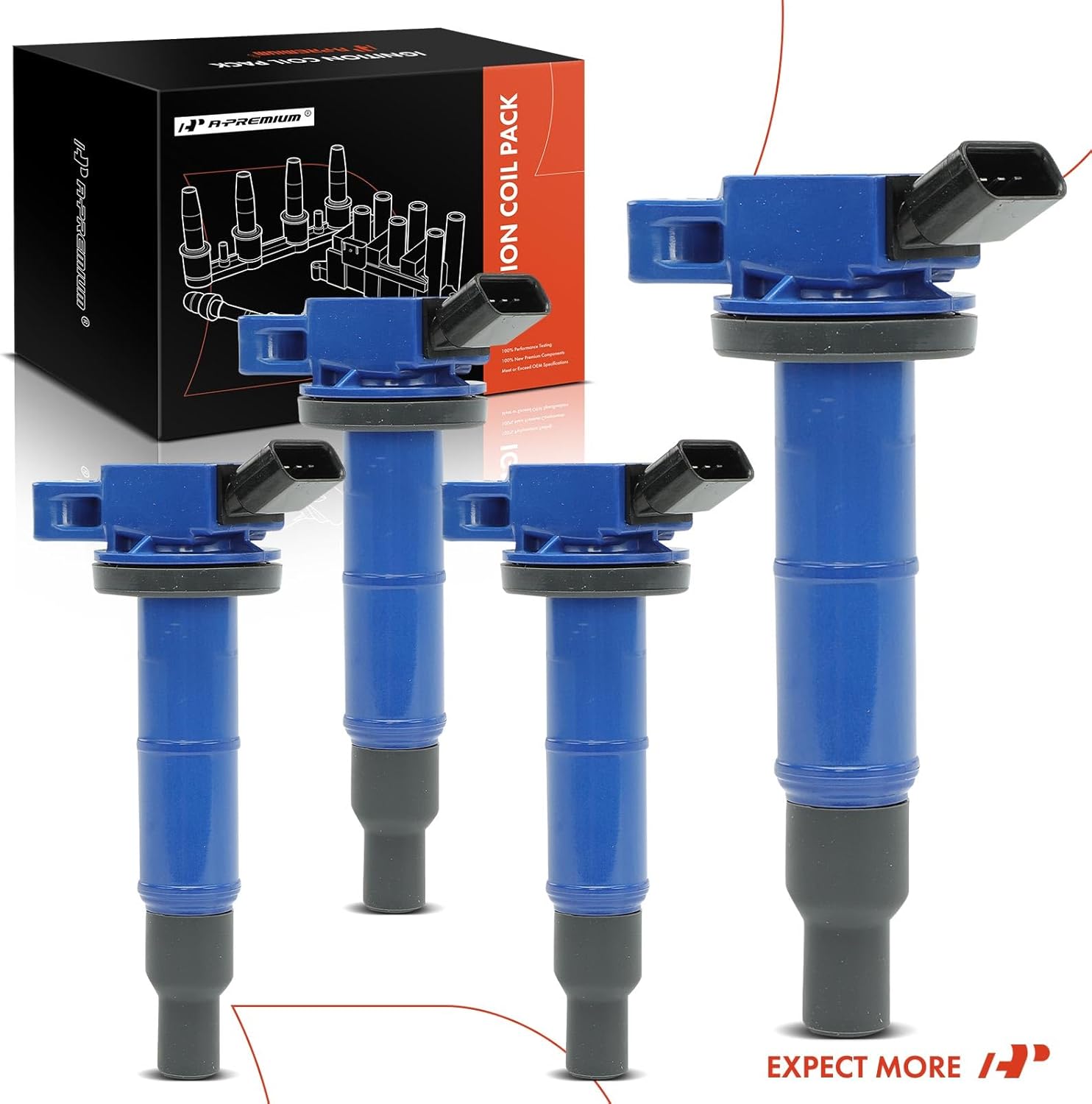 A-Premium (Blue) Engine Ignition Coil Pack Compatible with Toyota Camry 2002-2011, RAV4 2001-2008, Corolla, Highlander, Matrix, Solara & Scion tC, xB & Lexus HS250h & Pontiac Vibe, 2.4L, 4-PC Set