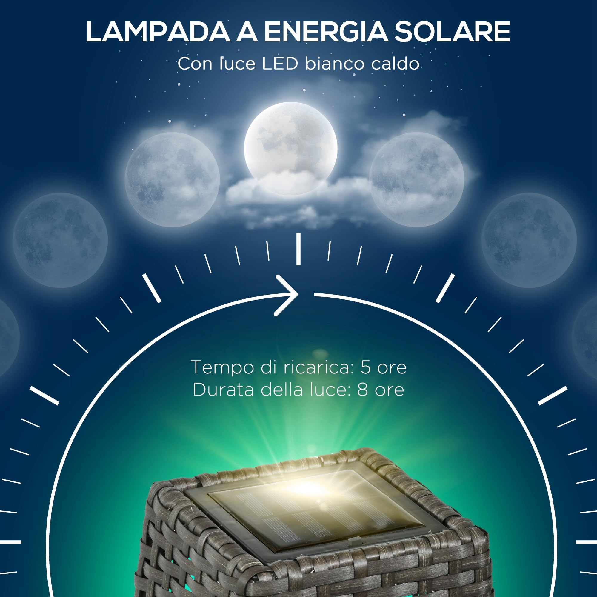 Outsunny Solar Stehlampe mit Lichtsensor Automatisch LED Solarleuchte Grau | Rattan Solarlampen, Boho-Stil, IP44 Wasserdichte Solarlampe, Akku Solarlaterne, Outdoor Lampe für Garten Balkon Rasen Hof