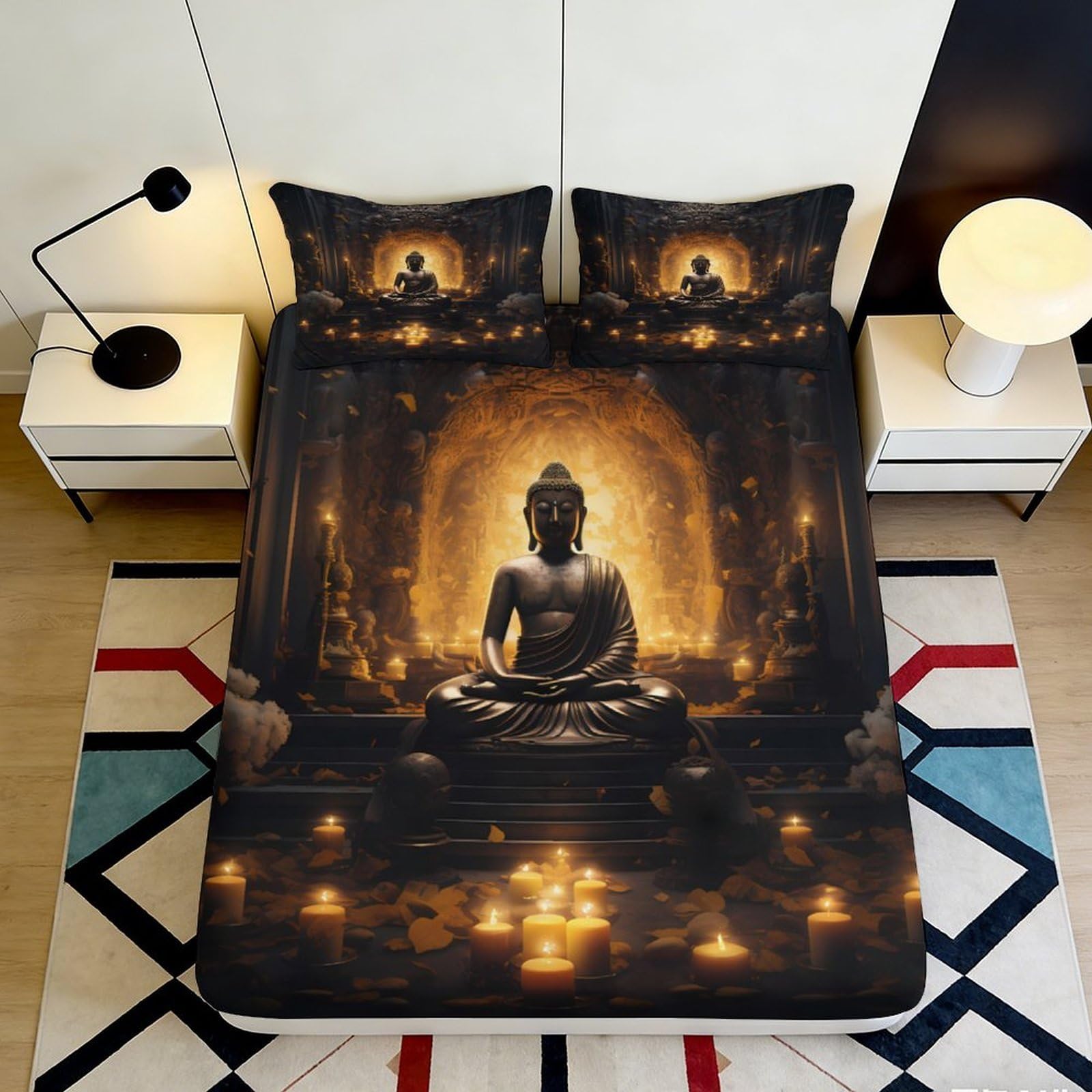 3D Printed Buddha Meditation Fitted Sheet Microfiber Soft Anti-Slip Zen Candlelight Mattress Cover for Bedroom Decor 120x200x25cm