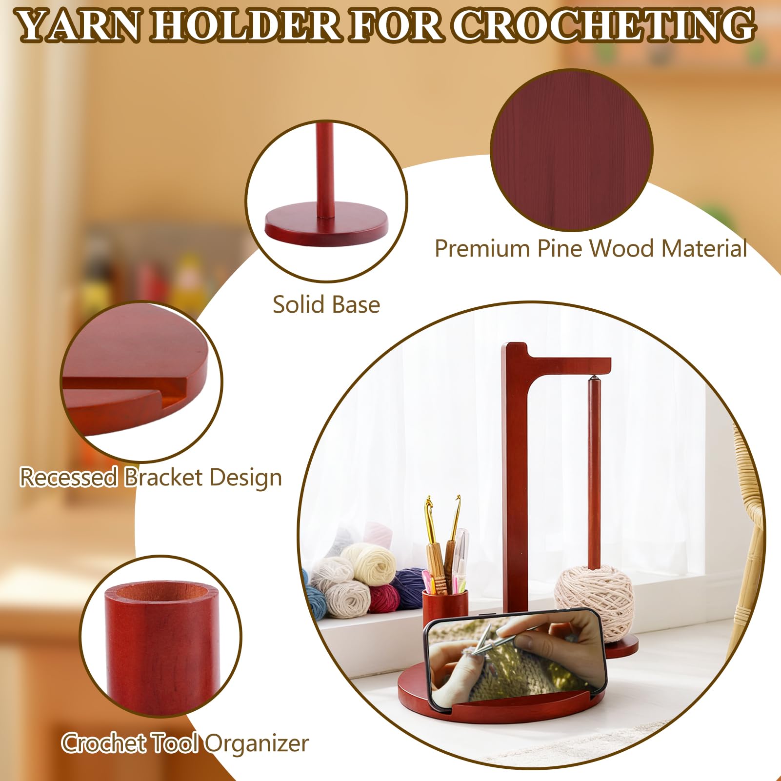 Soporte para hilo de ganchillo y tejer, giratorio magnético de madera con ganchos y agujas, soporte para teléfono y organizador de almacenamiento, regalo ideal para los amantes del tejido