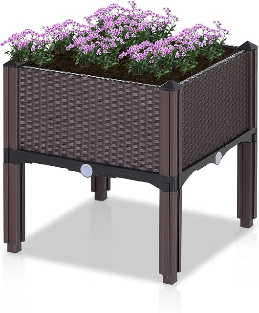 Taylor & Brown Elevated Plastic Raised Garden Bed Planter Box Kit Rattan Effect For Flower Vegetable Herbs With Self Water Design & Drainage Holes - Brown